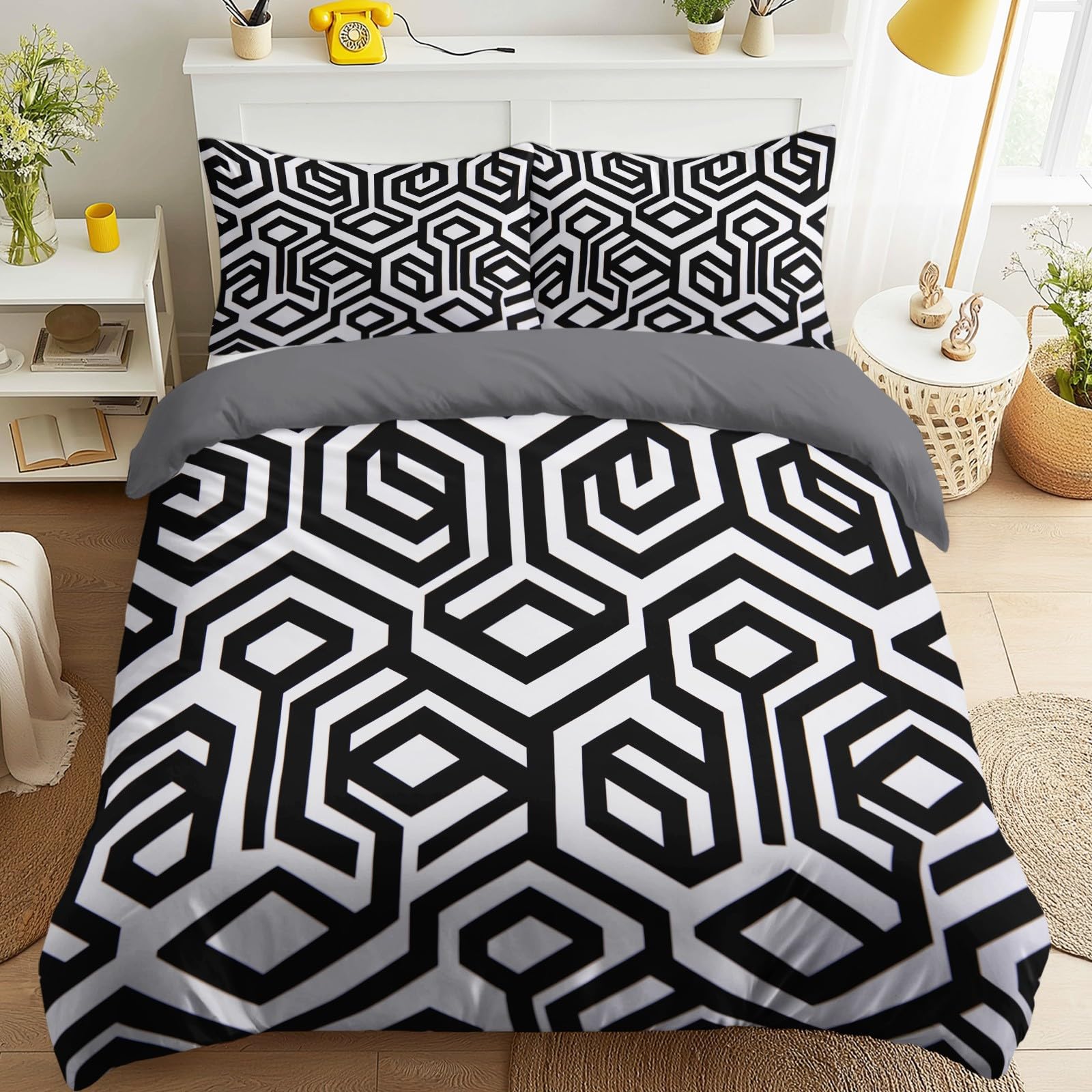 Housse de couette gris géométrique 140x190 stoppez la couette qui glisse grâce au zip enfant