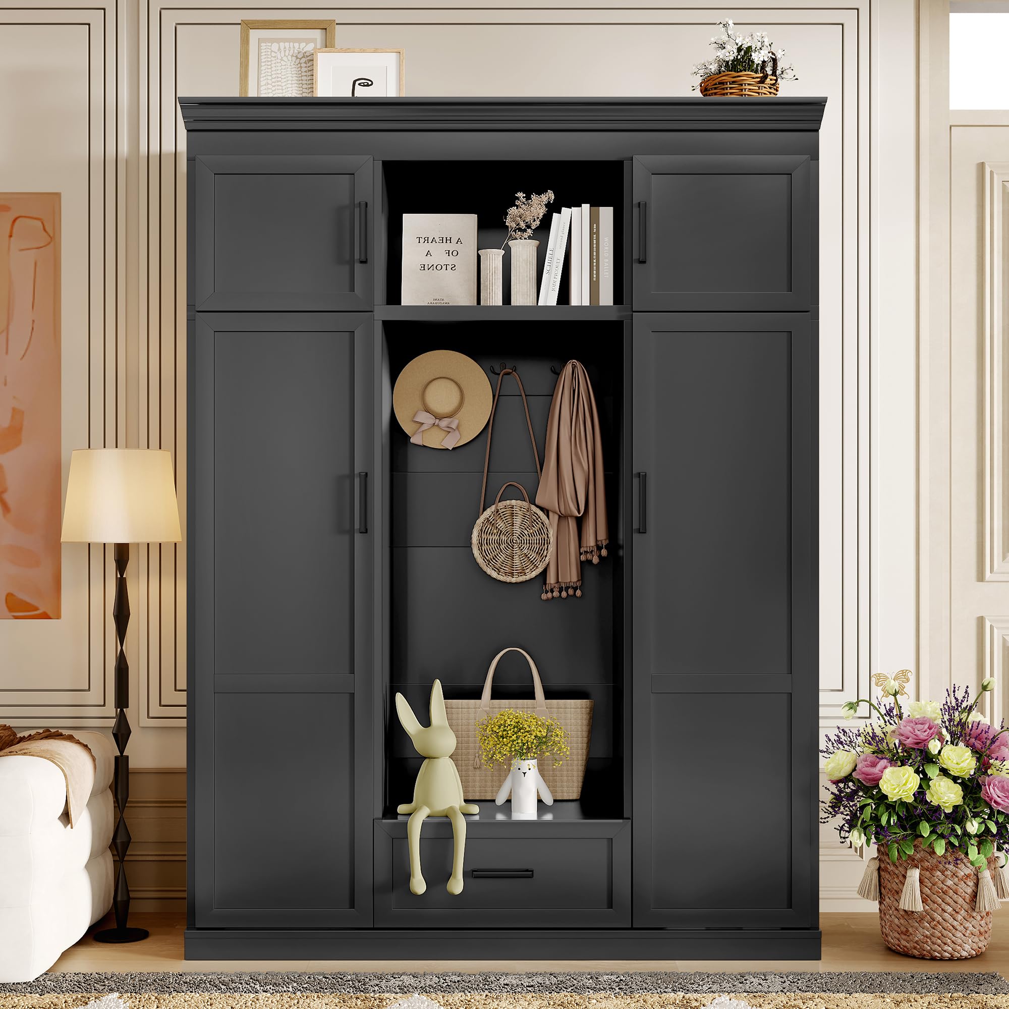 Amposei Large Hall Tree with Bench & Coat Rack 85.2-Inch Tall Entryway Storage Organizer Cabinet with 4 Doors and Adjustable Shelves for Hallway Living Room Furniture, Black