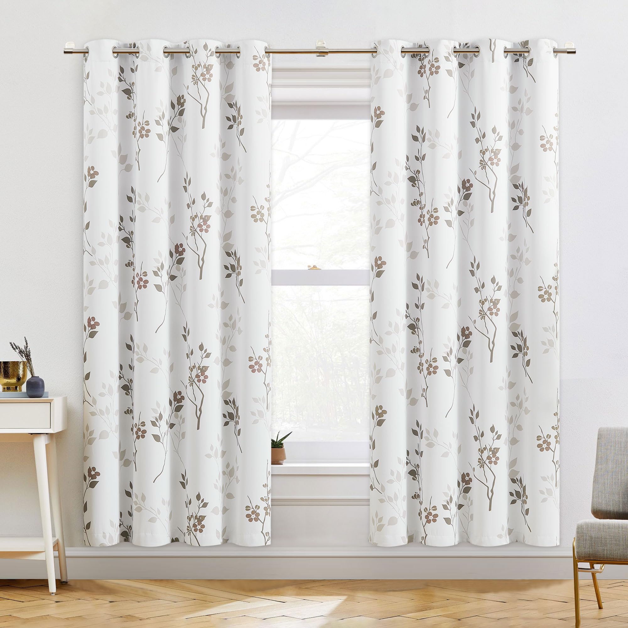 Beauoop Floral 100% Blackout Curtains 72 Inches Long 2 Panels for Bedroom Living Room Tan Brown and White Flower Patterned Room Darkening Thermal
