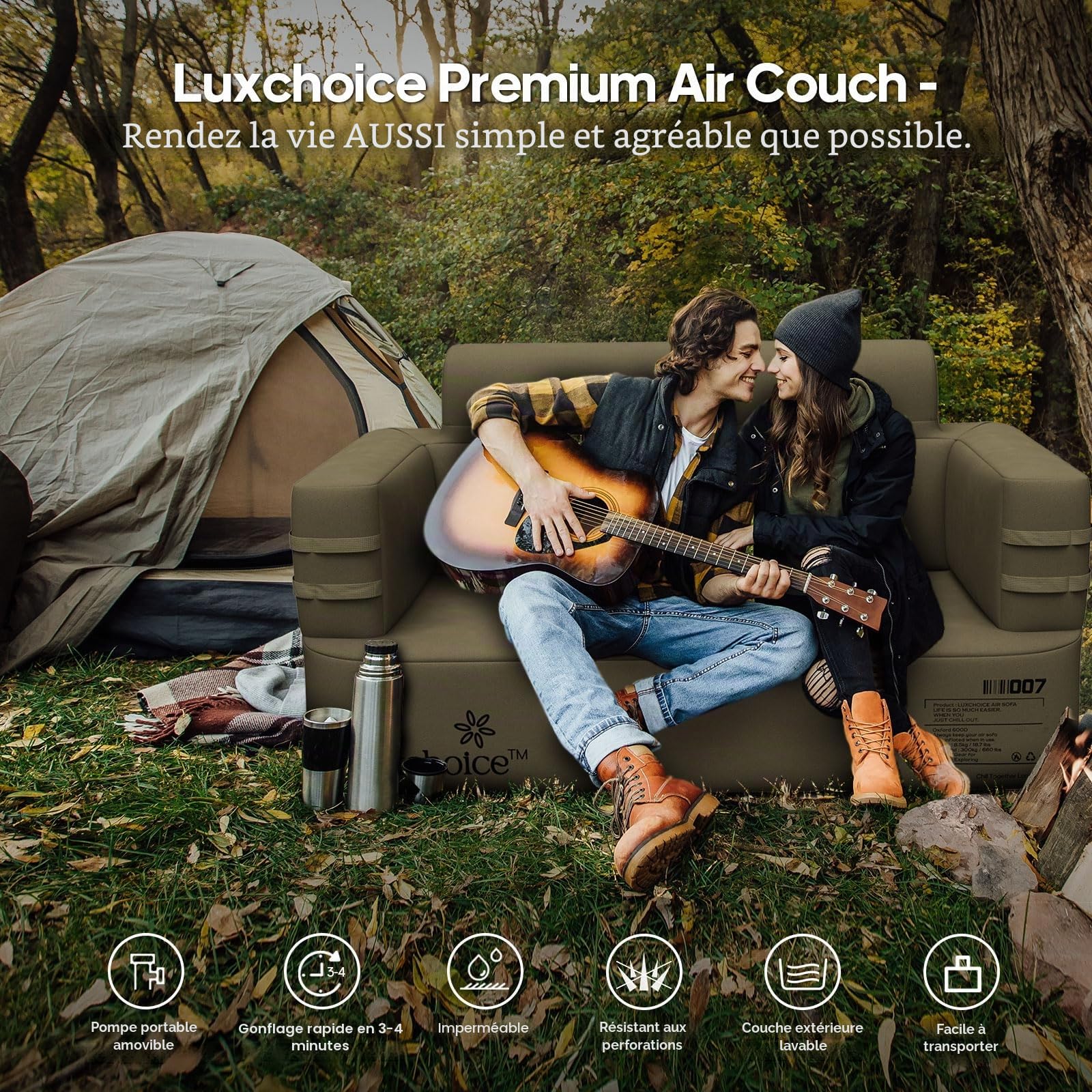Luxchoice Canapé Gonflable Convertible 2 Place avec USB Pompe 400KG Max | Gonflez Pendant 3 à 5 Minutes, Pompe Détachable, Air Sofa Couch 1000D tissu Oxford, Fauteuil de Camping Gonflable Extérieur