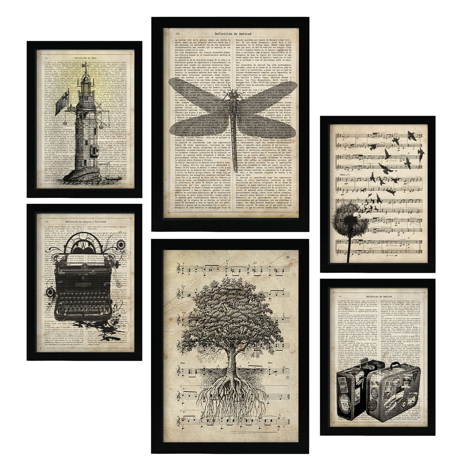 Nacnic Vintage Drawings Posters. Retro Style Sepia Paper Prints with Nature and Travel Themes over Encyclopedia Backgrounds. Aesthetic Illustrations for Interior Design and Decoration. A4 & A3.