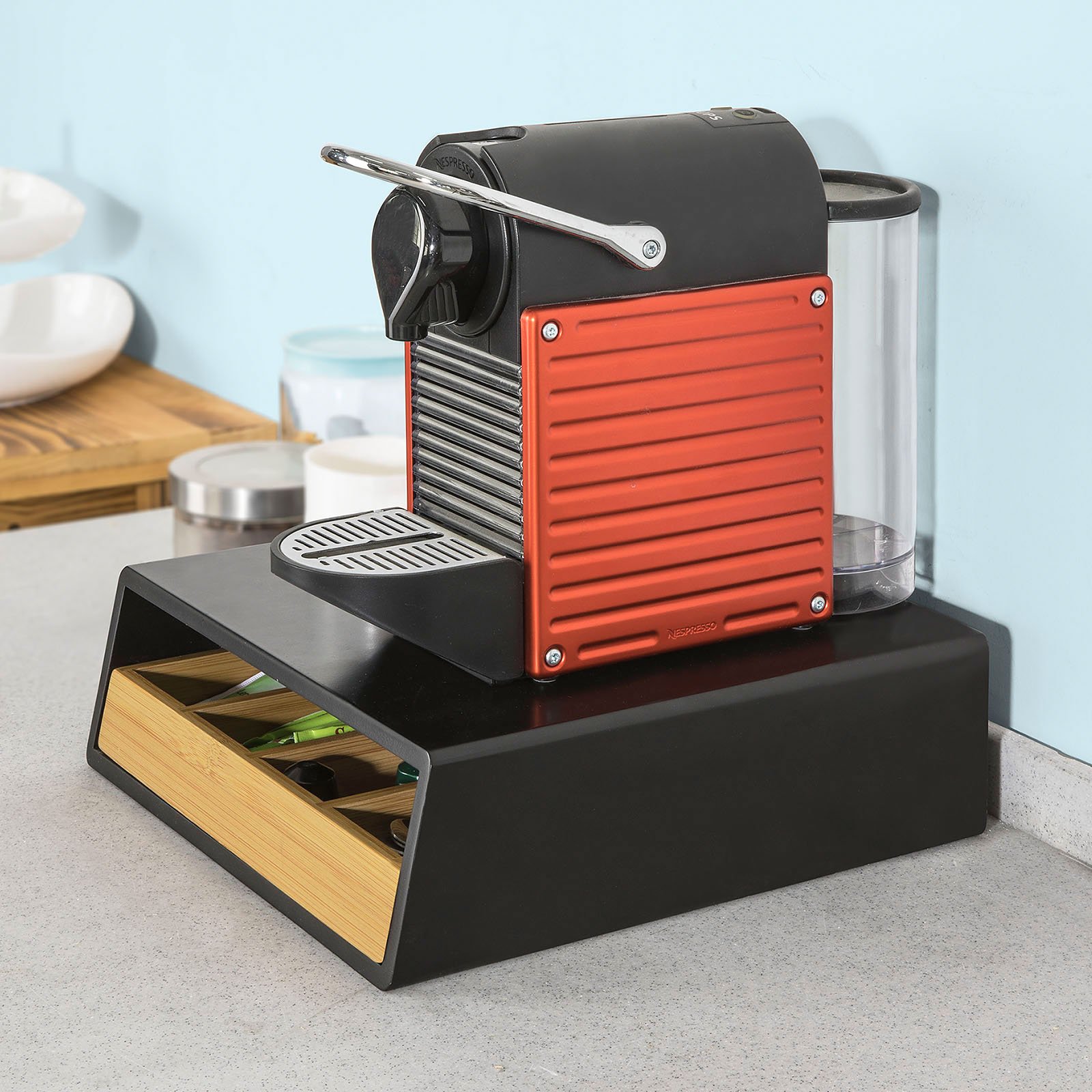 SoBuy Cassetto Porta Capsule in Bambù – Organizer per Cialde e Tè con 4 Scomparti, Portacialde da Caffè, Cassettiera Porta Capsule Salvaspazio per Cucina o Angolo Caffè 31x30x10cm FRG280-SCH