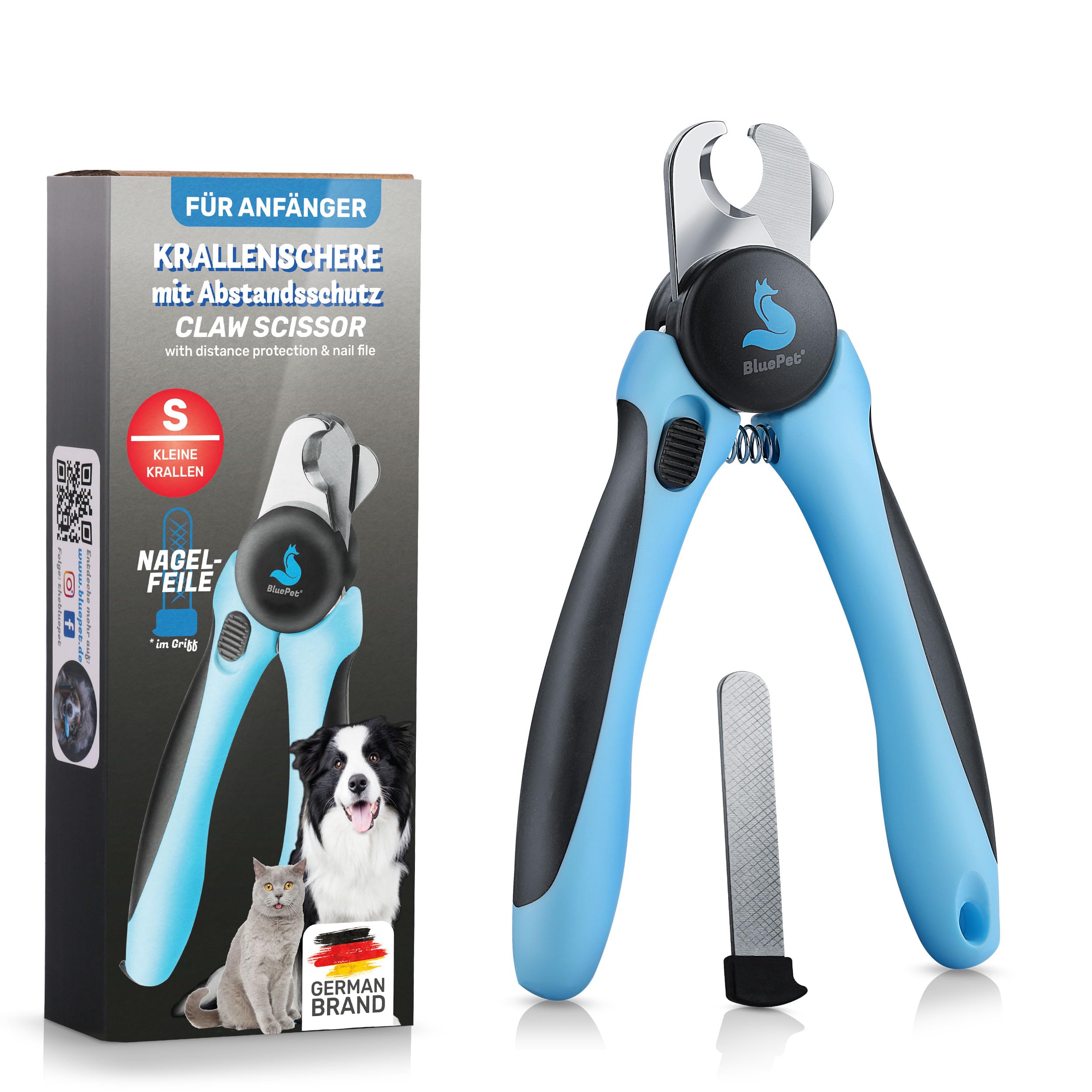BluePet Krallenschere mit Schutzplatte als Nagelschere für Hunde, Katzen & Kleintiere I Krallenzange für kleine & große Krallen mit Krallenfeile