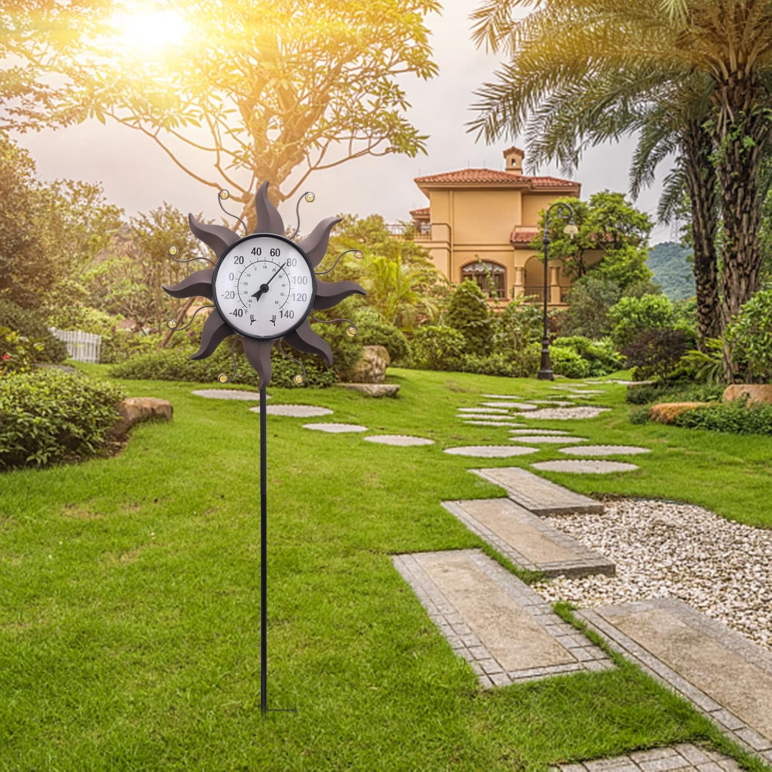 sun and moon outdoor garden thermometer with clock