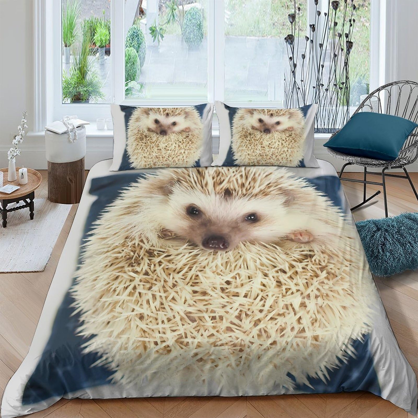 GPLZQXKJNH 3D Printed Hedgehog Duvet Cover Microfiber Soft Breathable Animal Bedding Set with 2 Pillowcases for Bedroom Decor Single（135x200cm）