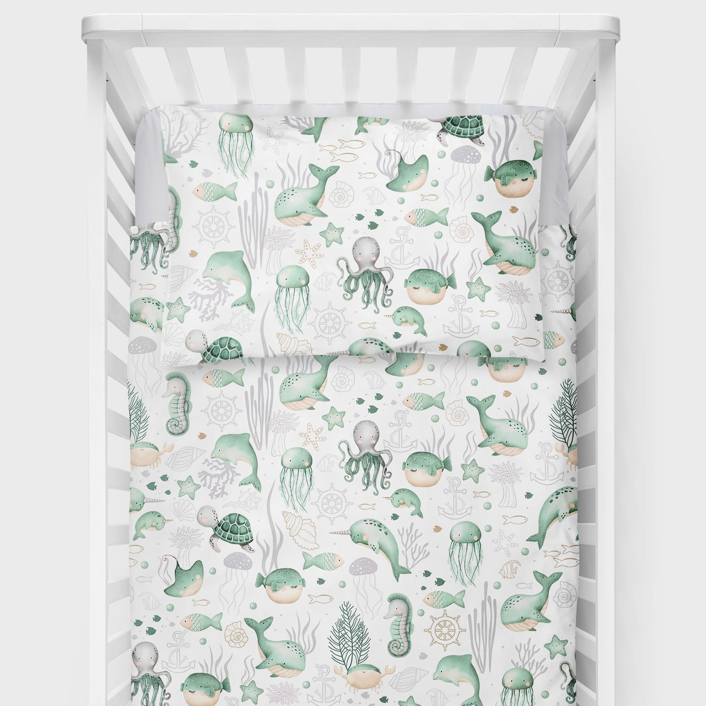 Baby Comfort 4 Piece Toddler Kids Cot Bed Set 120x90 cm Duvet Pillow Duvet Cover Pillowcase 12M+ (Green Sea Life) โ image 1