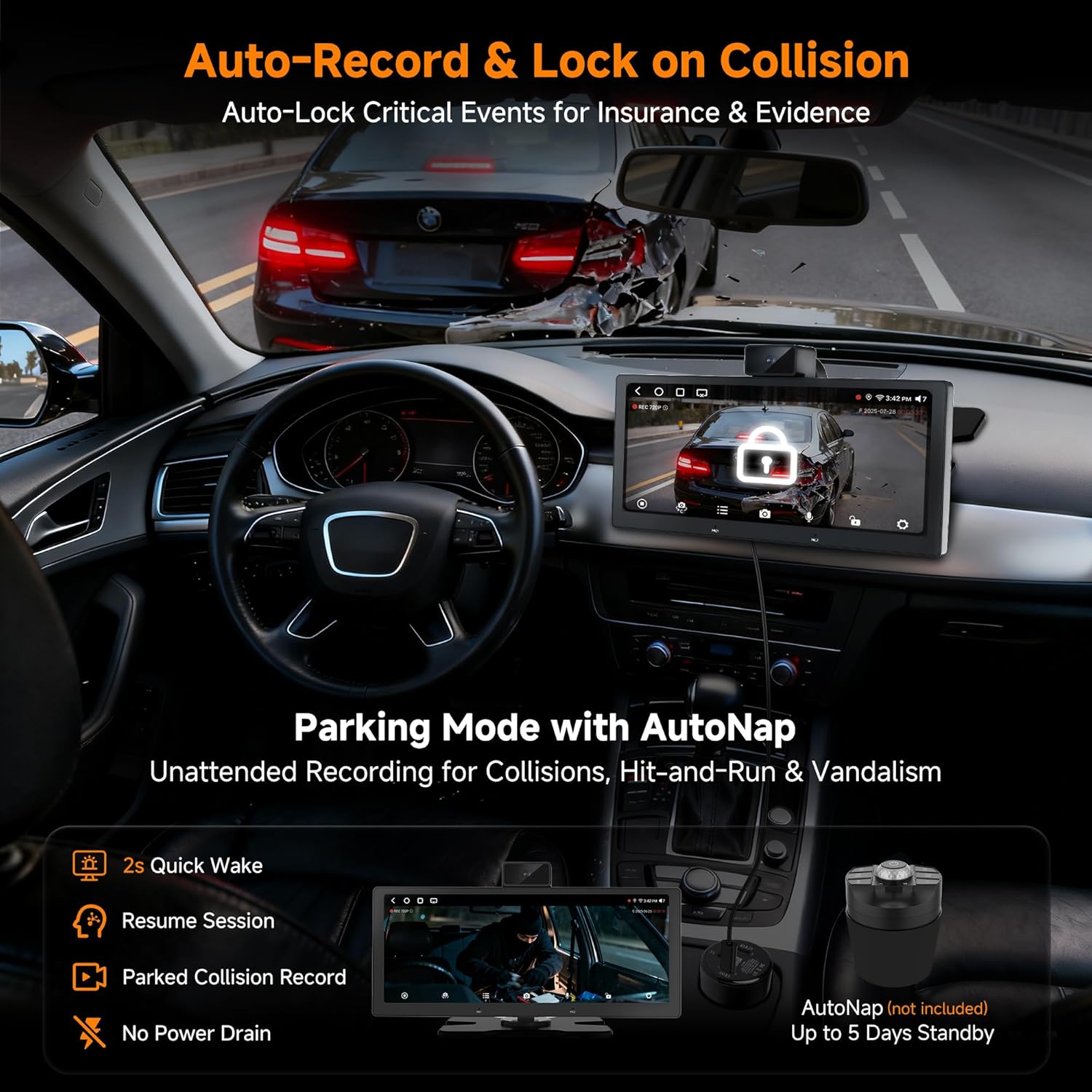 ATOTO P6 Android 10.25" Carplay Screen for Car, Portable Wireless CarPlay & Android Auto Car Stereo with Front & Cabin DVR Cameras, G-Sensor, WiFi/USB Tethering, BT/MirrorLink/Voice Control/GPS Navi