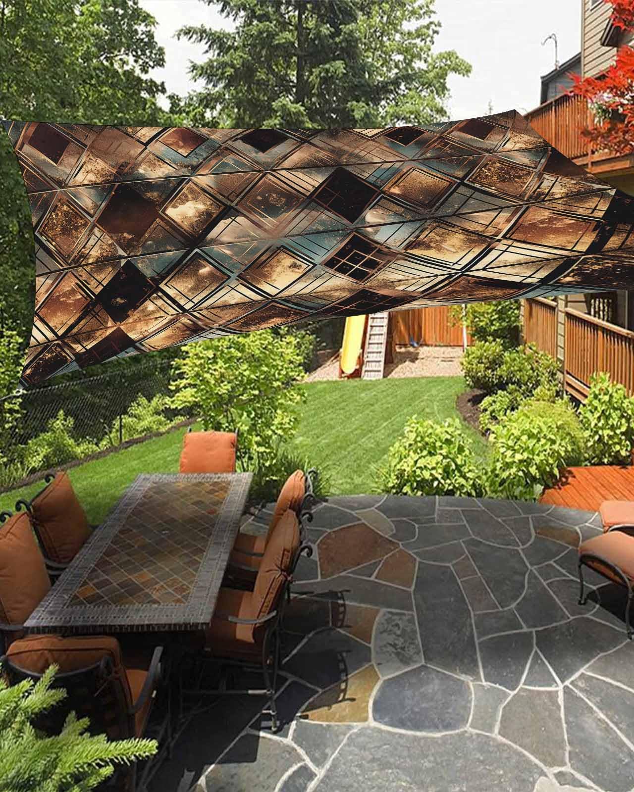 Boanket Sun Shade Sail 12' x 16', Brown Teal Geometric Sun Blocking Shades Privacy Outdoor Covering, Retro Modern Plaid Abstract Art Shade Cloth for Patio Deck Terrace Garden Lawns Beach Backyard