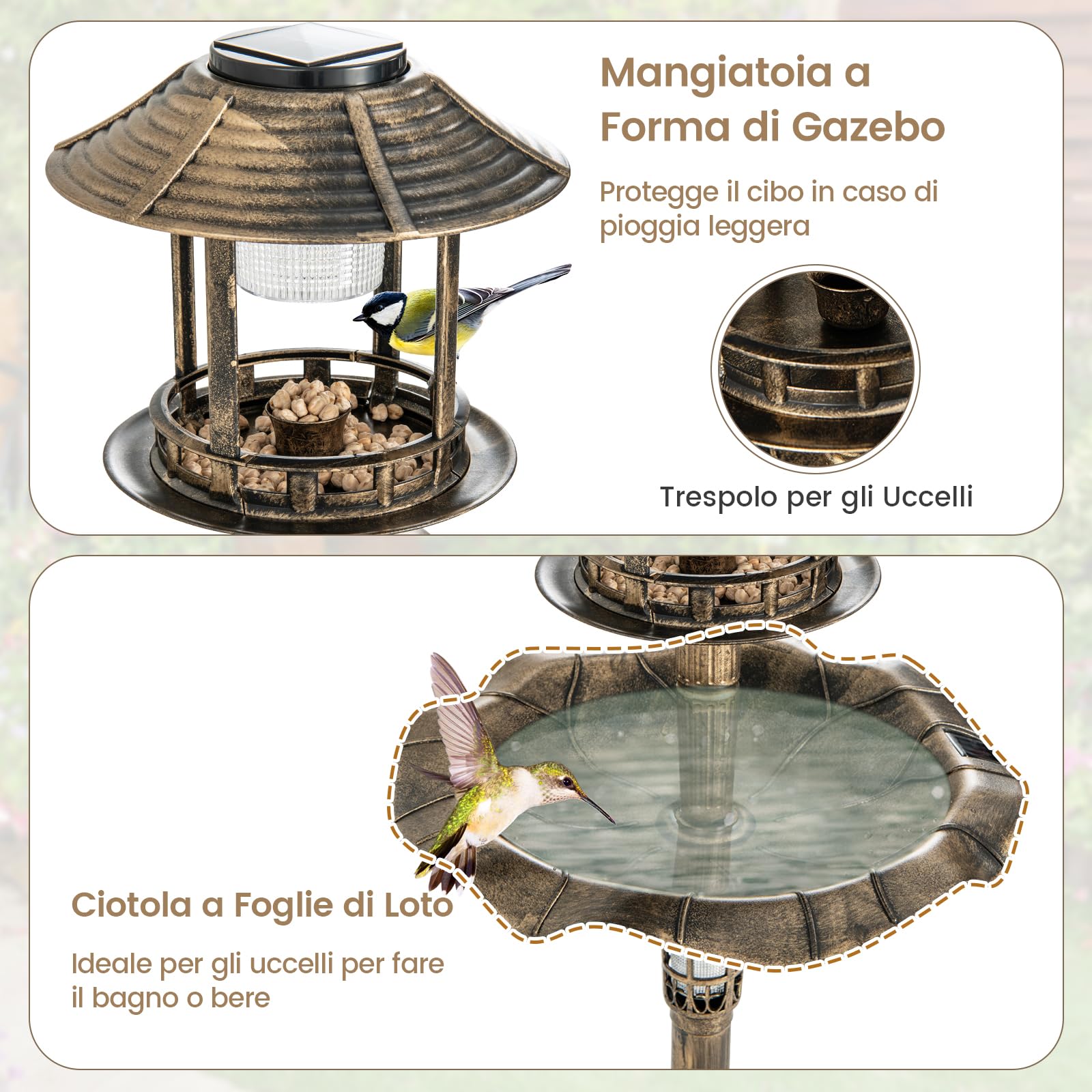 GYMAX Mangiatoia Fontana Solare per Uccelli, Vasca per Uccelli da Giardino con Lampade Solari, Fioriera, Supporto Riempibile, 3 Chiodi, Decorazione Luminosa all'Aperto, Giardino, Cortile (Bronzo)