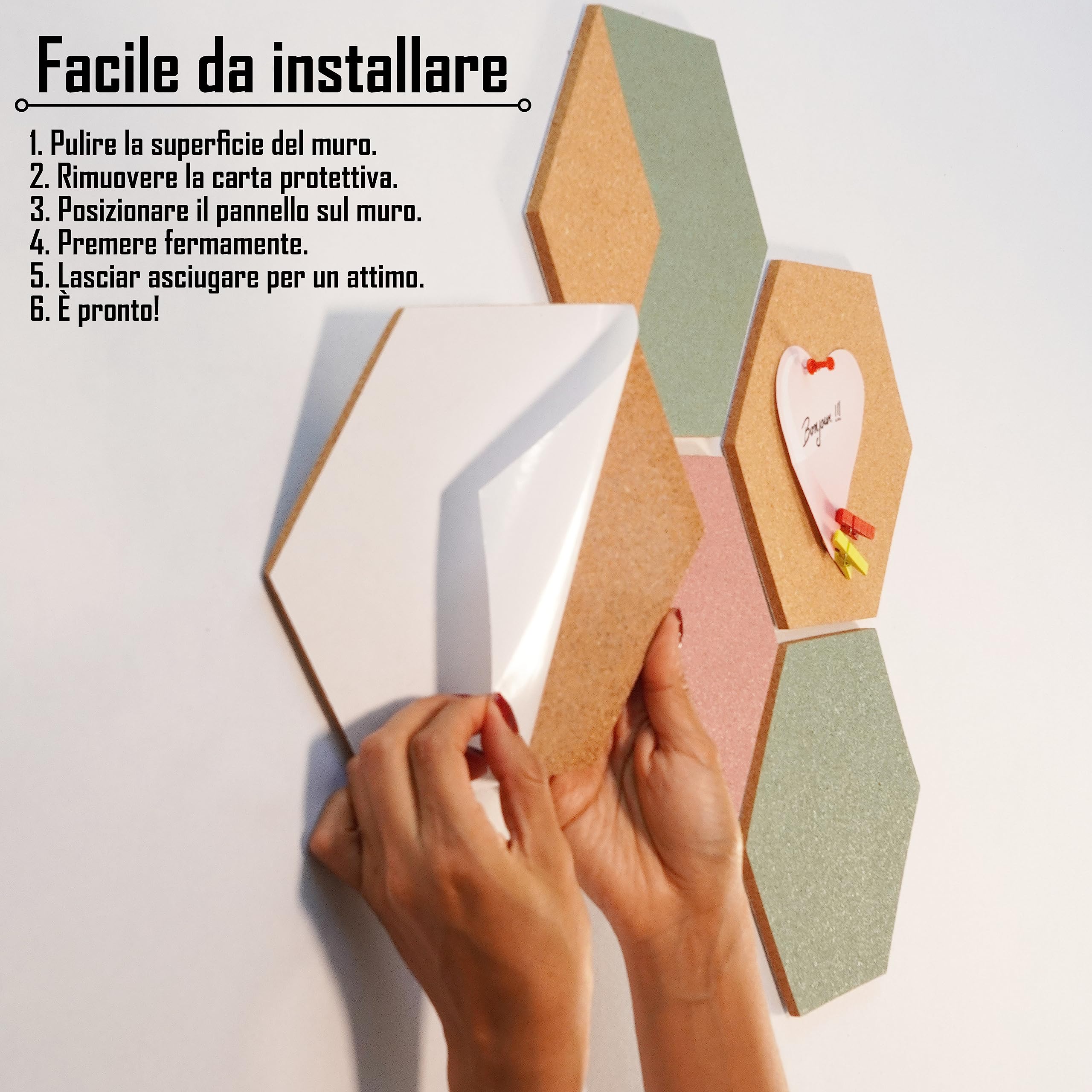 Pannello Esagonale in Sughero Adesivo per Decorazione Parete (5 Pezzi) - Quadro Decorativo Con Puntine e Pinze - Piastrelle in Vero Sughero per Moodboard