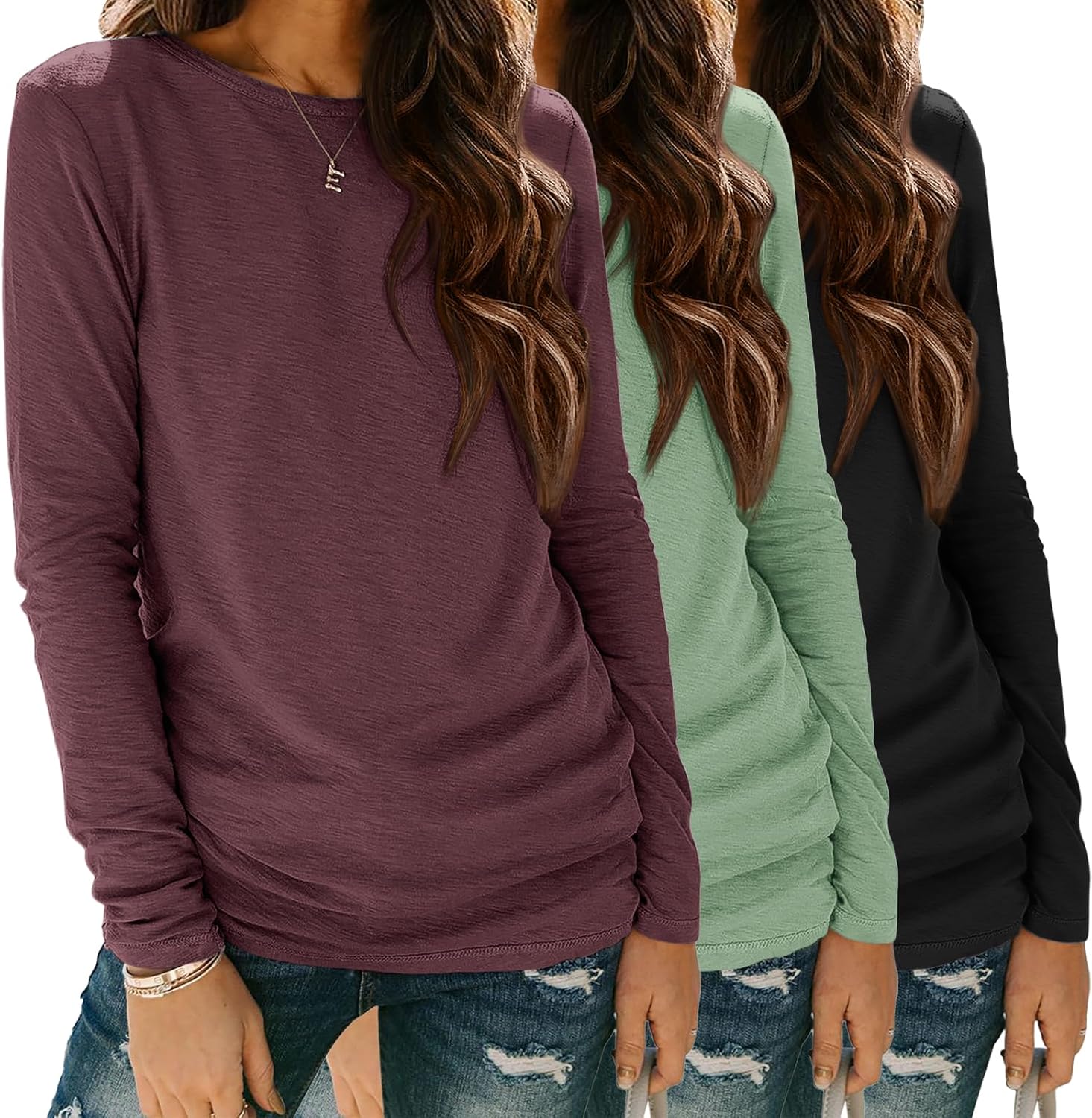 Womens Fall 3 Packs Long Sleeve Shirts Workout Loose Fit Winter Tops Basic Tees Fashion Clothes Crew Neck Outfits