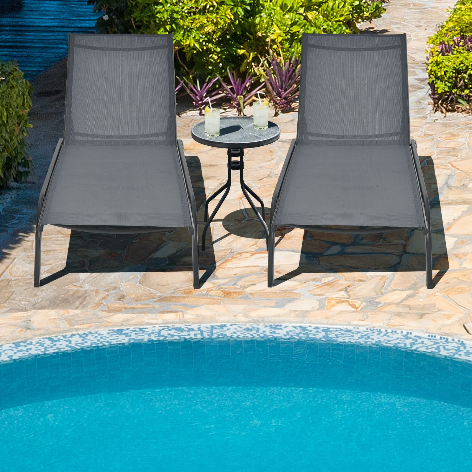 COSTWAY Lettino Prendisole con Ruote, Sdraio da Giardino Regolabile in 6 Posizioni, Struttura Metallica e Tessuto Traspirante, per Giardino, Piscina e Spiaggia, Portata 150 kg (1, Grigio)