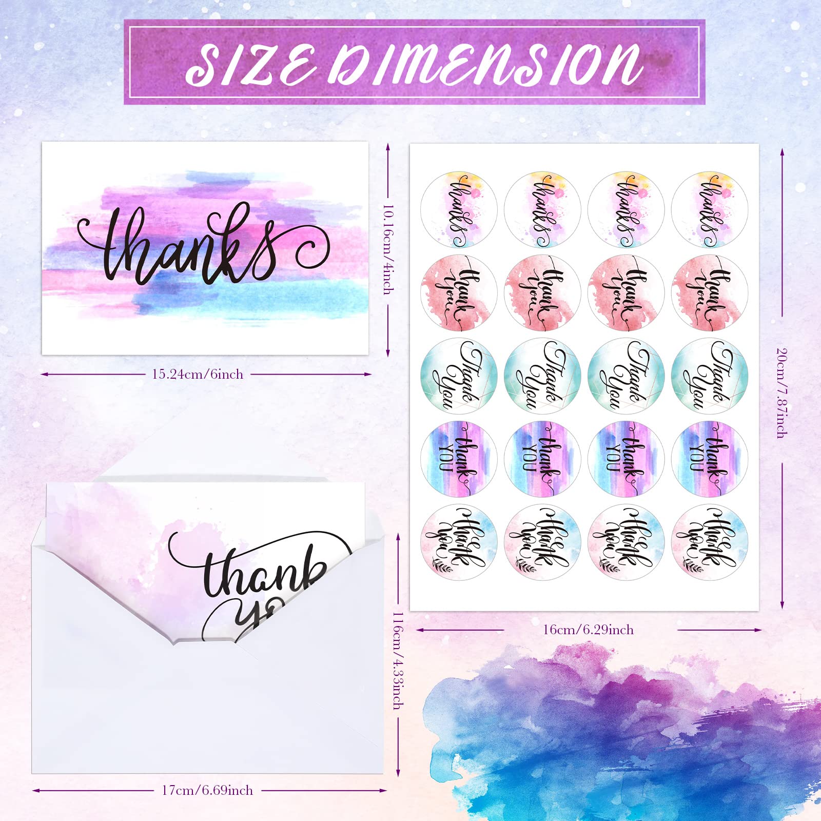 100 Cartes de Remerciement d'Aquarelle avec Enveloppes Autocollants Set de Cartes de Note Thank You Cartes de Vœux d'Affaires pour Mariage Fiançailles Graduation Baby Shower