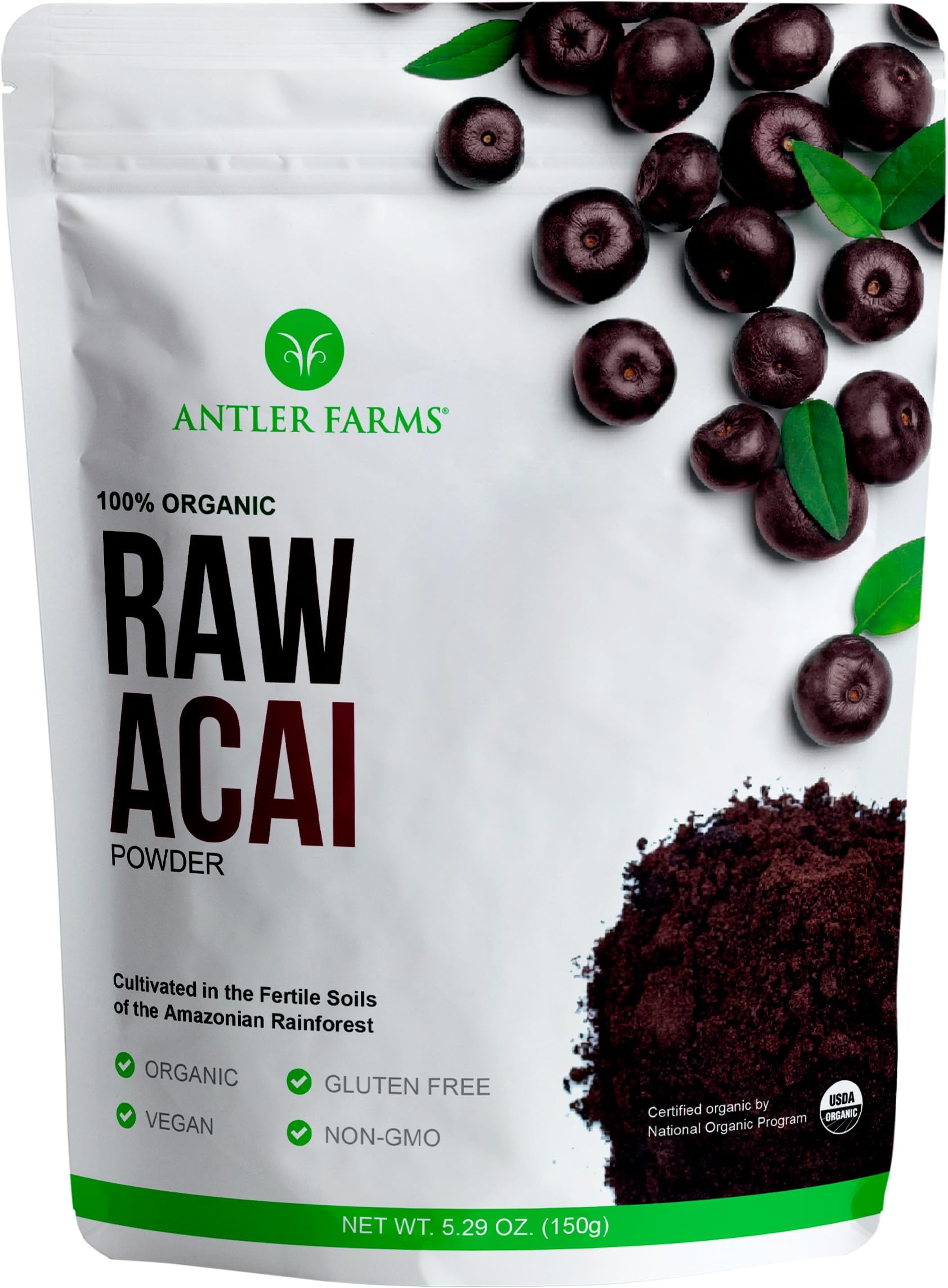 Antler Farms - 100% Pure Organic Raw Acai Powder, 30 Servings, 150g - Vegan, Gluten Free, Freeze Dried, Hand Picked from Wild Acai Palm Trees in The Rainforest of Brazil, Certified USDA Organic