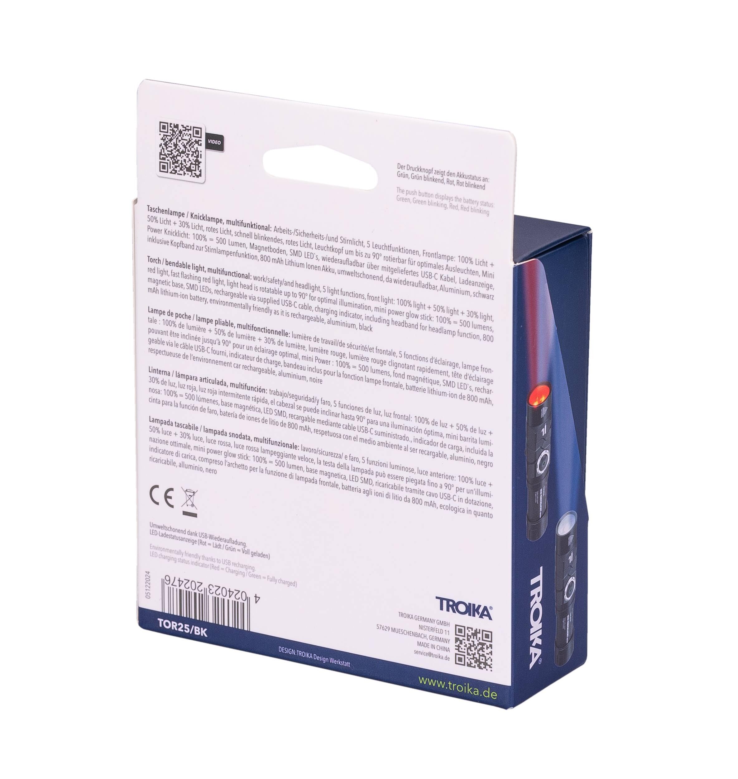 TROIKA Taschenlampe/Knicklampe, multifunktional: Arbeits-/Sicherheits- und Stirnlicht – ECO KNICKLICHT MICRO – 5 Leuchtfunktionen – Magnetboden, wiederaufladbar – Aluminium – schwarz