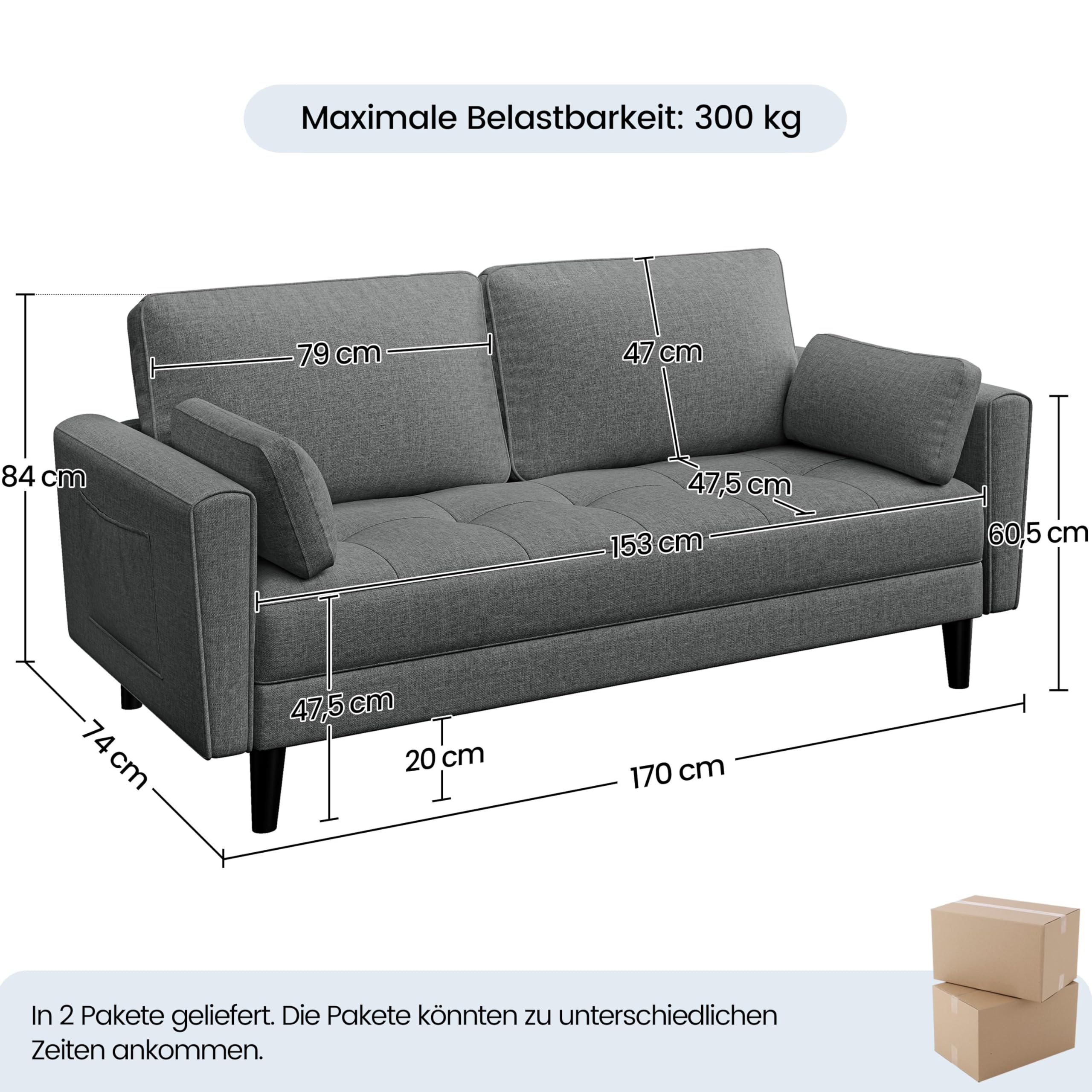 Yaheetech 2 Sitzer Sofa, Polstersofa mit 2 Kissen und Armlehnen, Moderne Couch Loungesofa aus Leinenstoff, Bequemes Loveseat für Wohnzimmer/Schlafzimmer Dunkelgrau