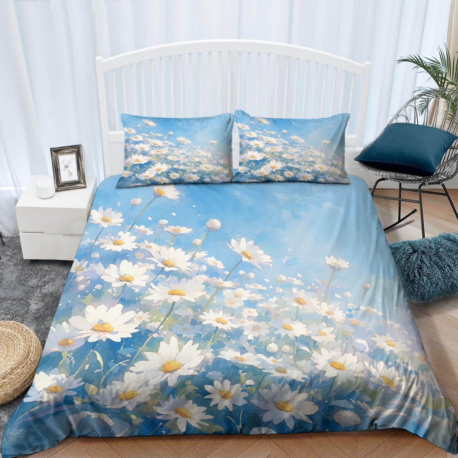 CozyRest 3-częściowy komplet pościeli 200 x 220 cm, miękka pościel z mikrofibry, z poszewką na poduszkę, z zamkiem błyskawicznym, białe stokrotki z motywem kwiatowym