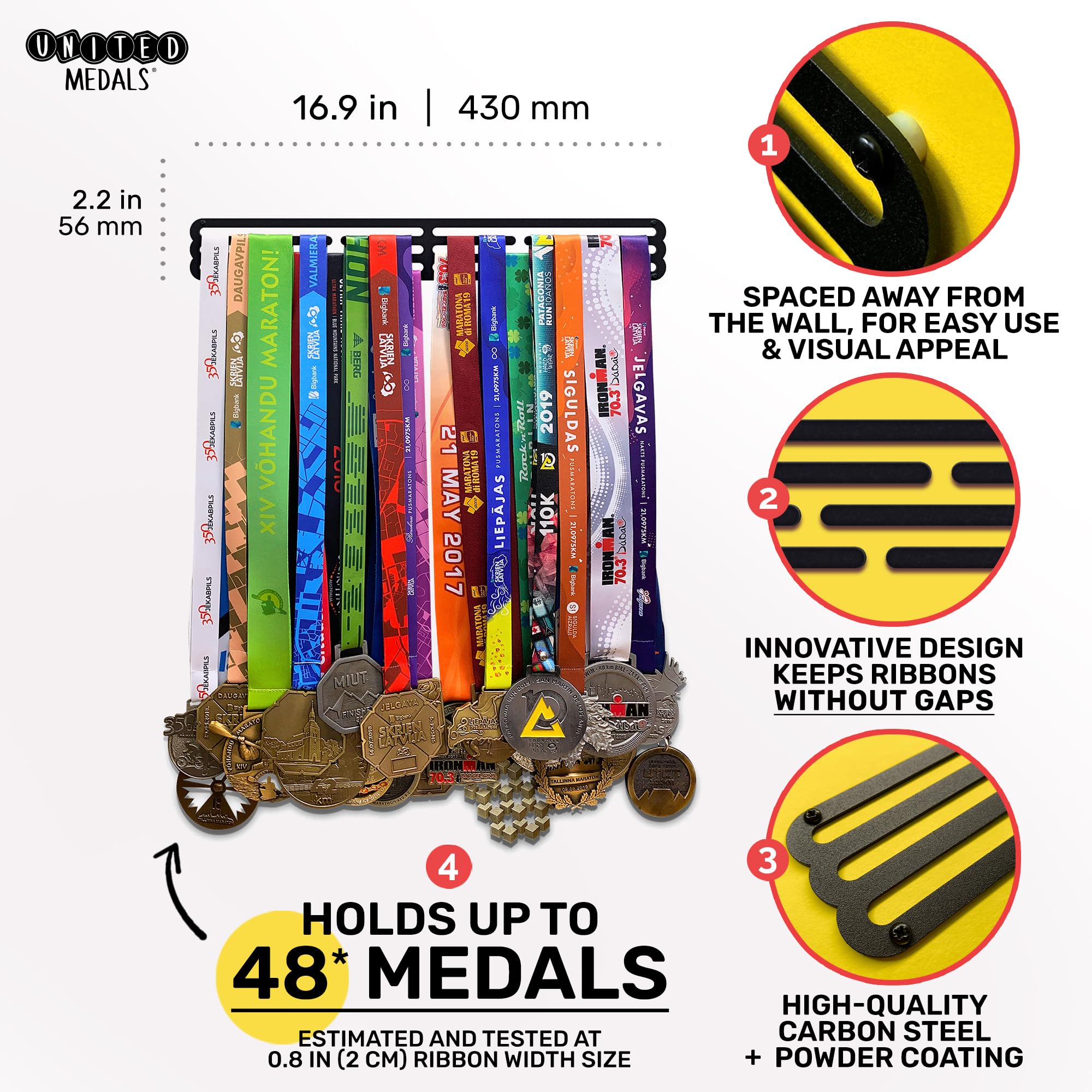 United Medals BLANK Medaillenhalter Running Laufen Sport für 48 Medaillen Aufbewahrung - Läufer, Sportler Geschenk Marathon Zubehör - Medal Holder Hanger Display Rack