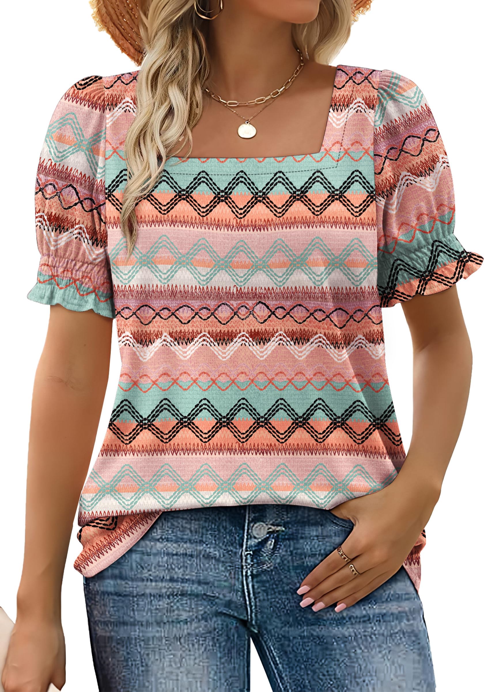 WIHOLL Tops for Women Summer Casual Ruffle Trim Sleeve Square Neck T Shirts