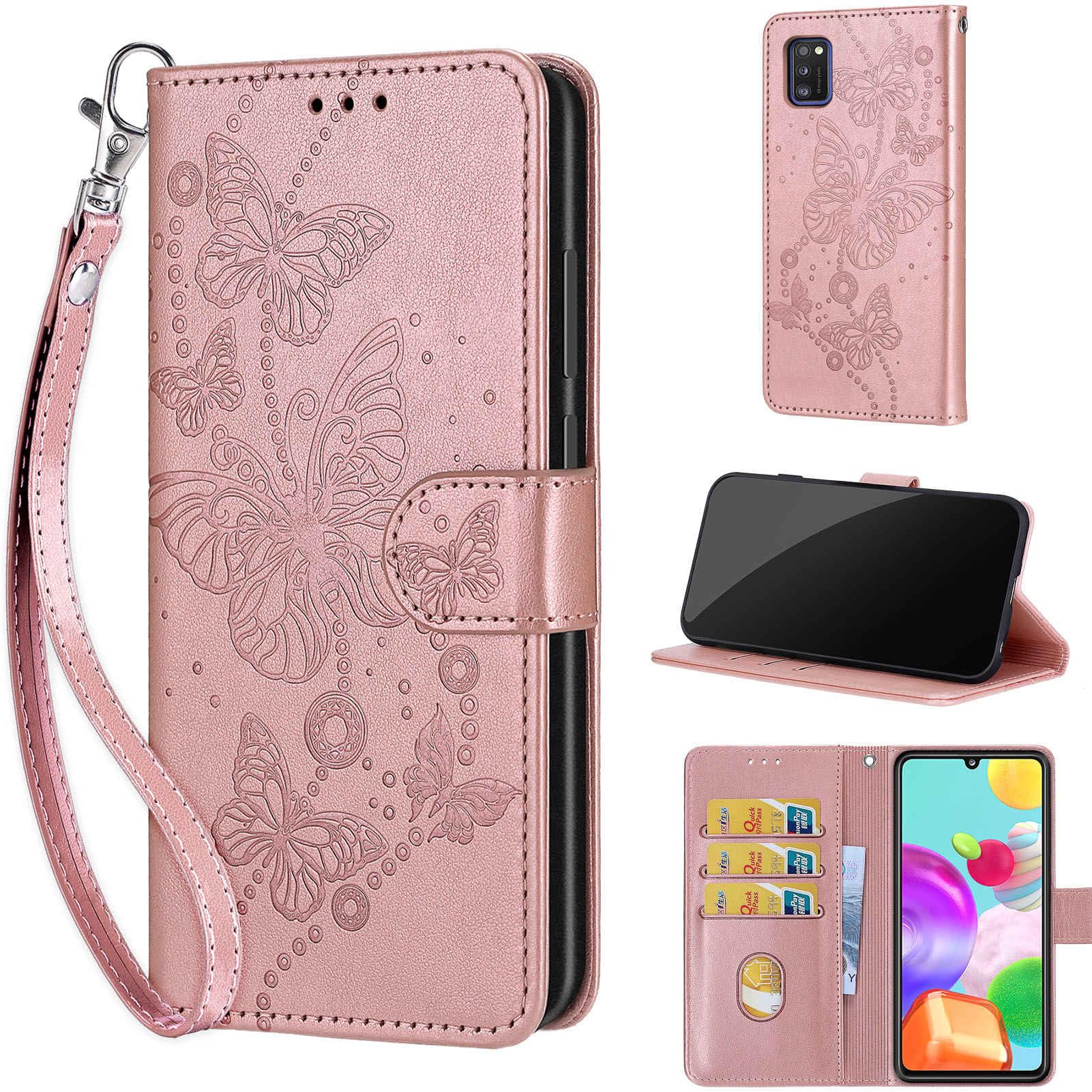 for Samsung Galaxy A41 Case, Embossed Premium PU Leather Folio Flip Notebook Wallet Cover Compatible with Samsung Galaxy A41 Phone Case [Magnet Closure][Kickstand][Card Slots], Rose Gold Butterfly