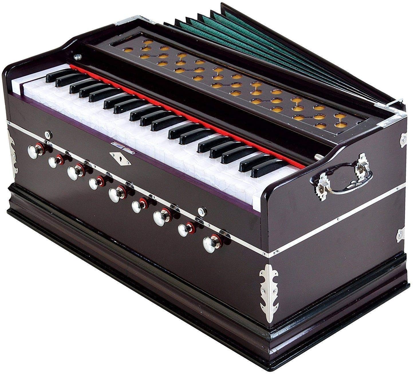 Harmonium Musical Instrument, SAI Musicals, In USA, 9 Stops, 3 1/2 Octave, Double Reed, Coupler, Dark Mahogany, Standard, Book, Padded Bag, A440 Tuned, Harmonium Indian Sangeeta (PDI-DC)