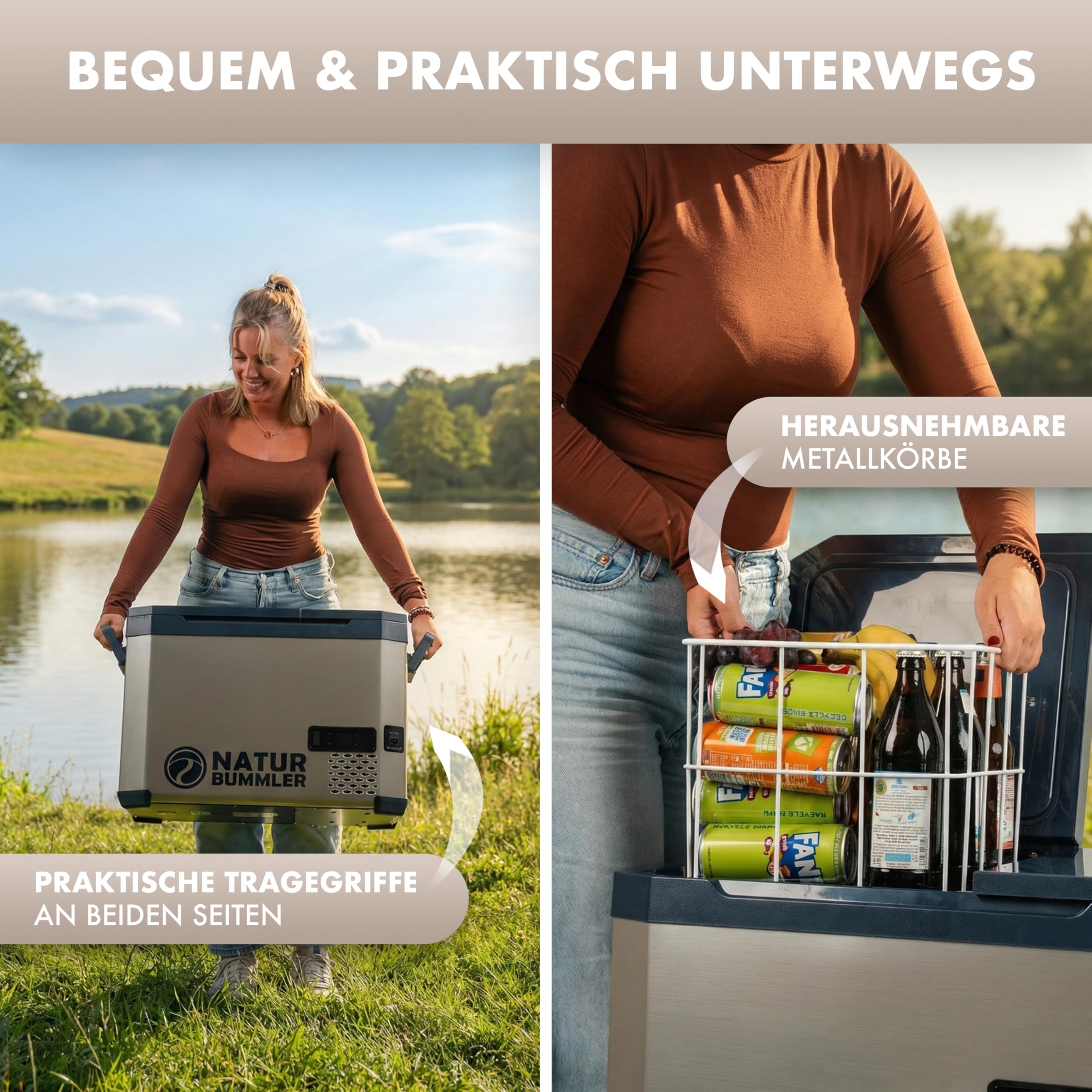 NATURBUMMLER Kompressor Kühlbox mit Vakuum-Isolierung [VAC-CORE] Reisekühlschrank 12V 230V mit Dual-Zone bis -20°C (App-Steuerung) Kühlbox Camping Mobile Gefrierbox Outdoor Kühltruhe