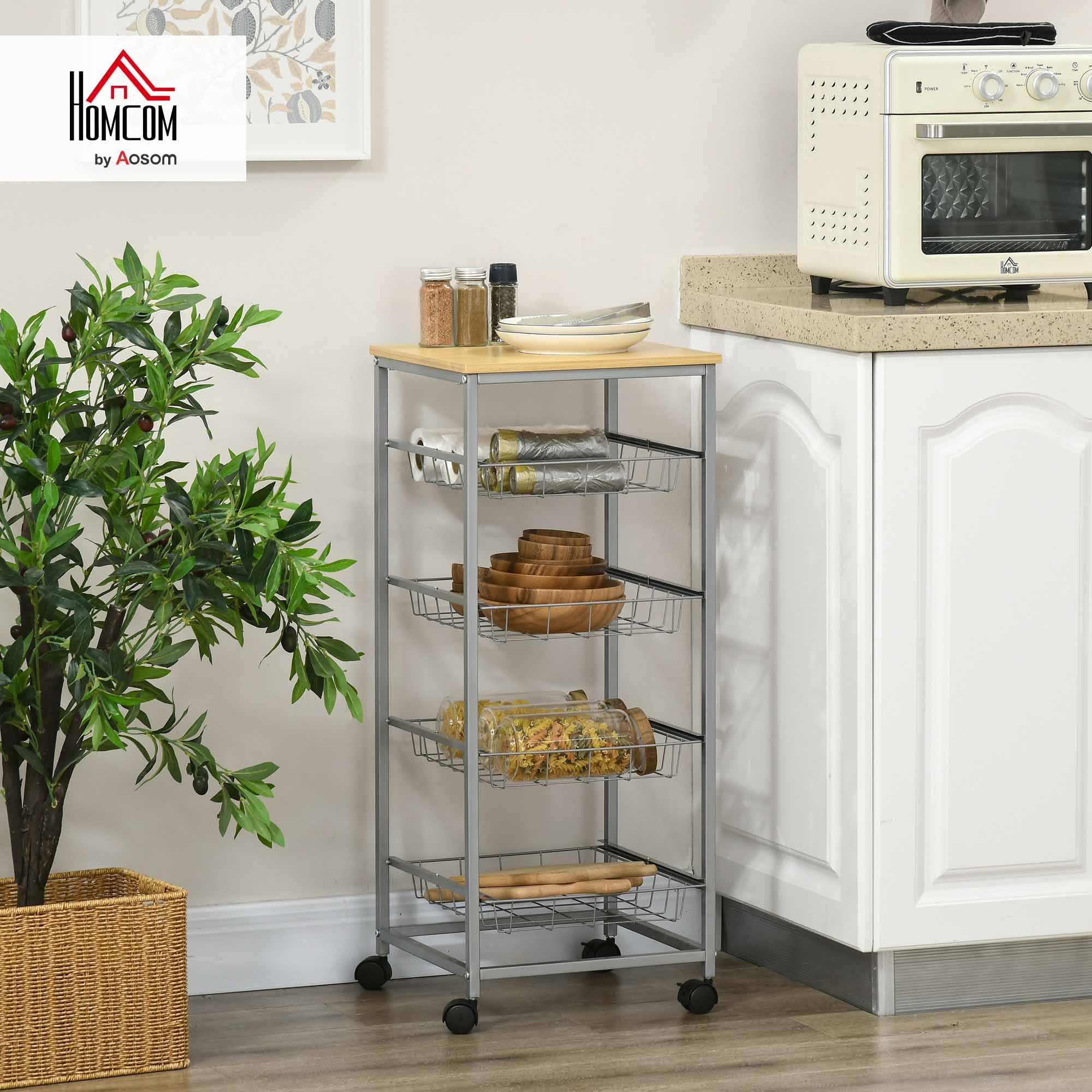 HOMCOM Carro Múltiusos de Cocina Baño con Ruedas 5 Niveles Carrito de Servicio Isla de Cocina Marco de Acero Carrito Auxiliar Verdulero Frutero Carga 20 kg para Salón 36,5x36,5x89 cm Plata