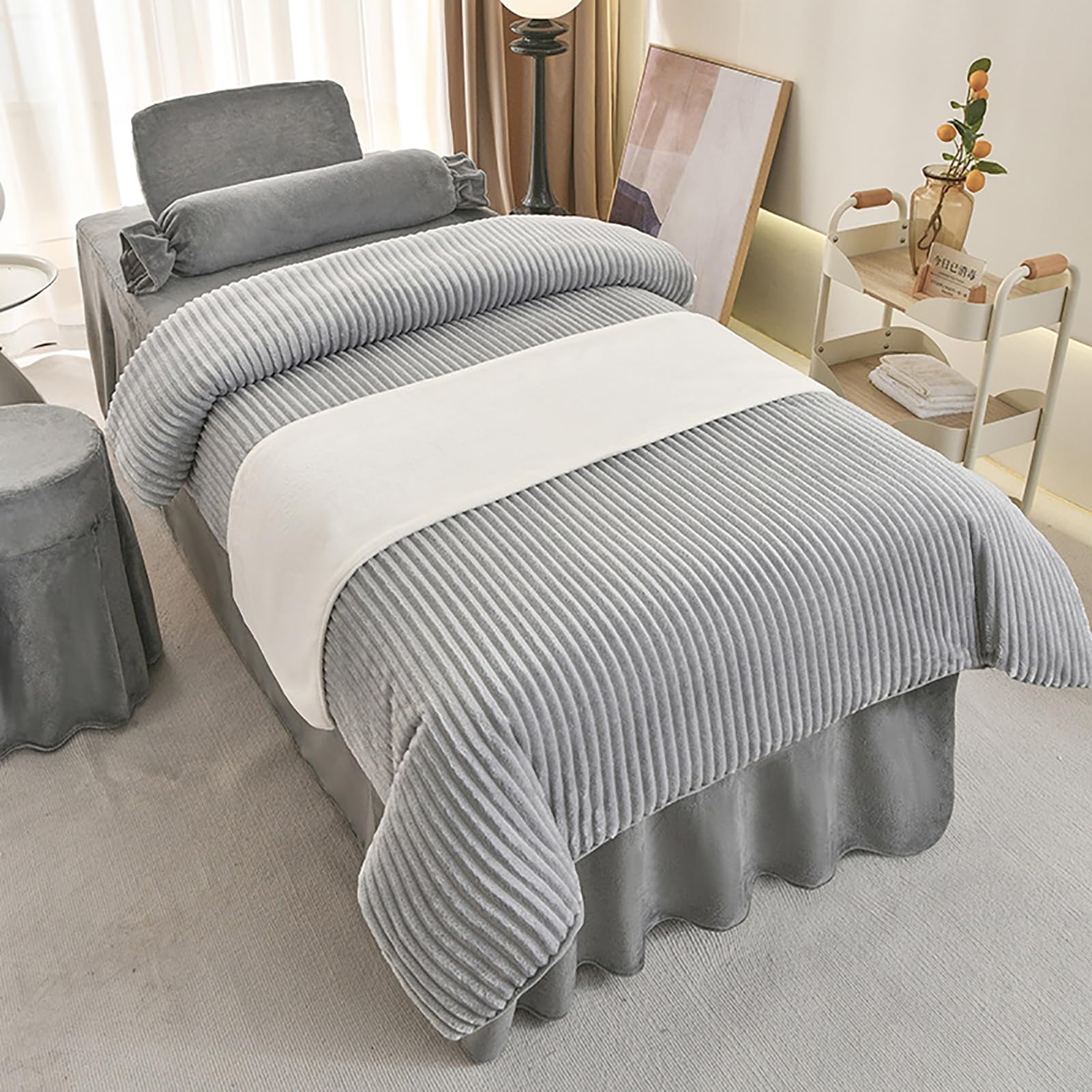 Massage Bed Skirt Spa Bed Cover with Elastic Band Breathable Massage Table Skirt with Face Hole,Salon Bedspread & Skirt,4Pcs Beauty Salon Bedding Set,grey,80x190cm(31x75inch)