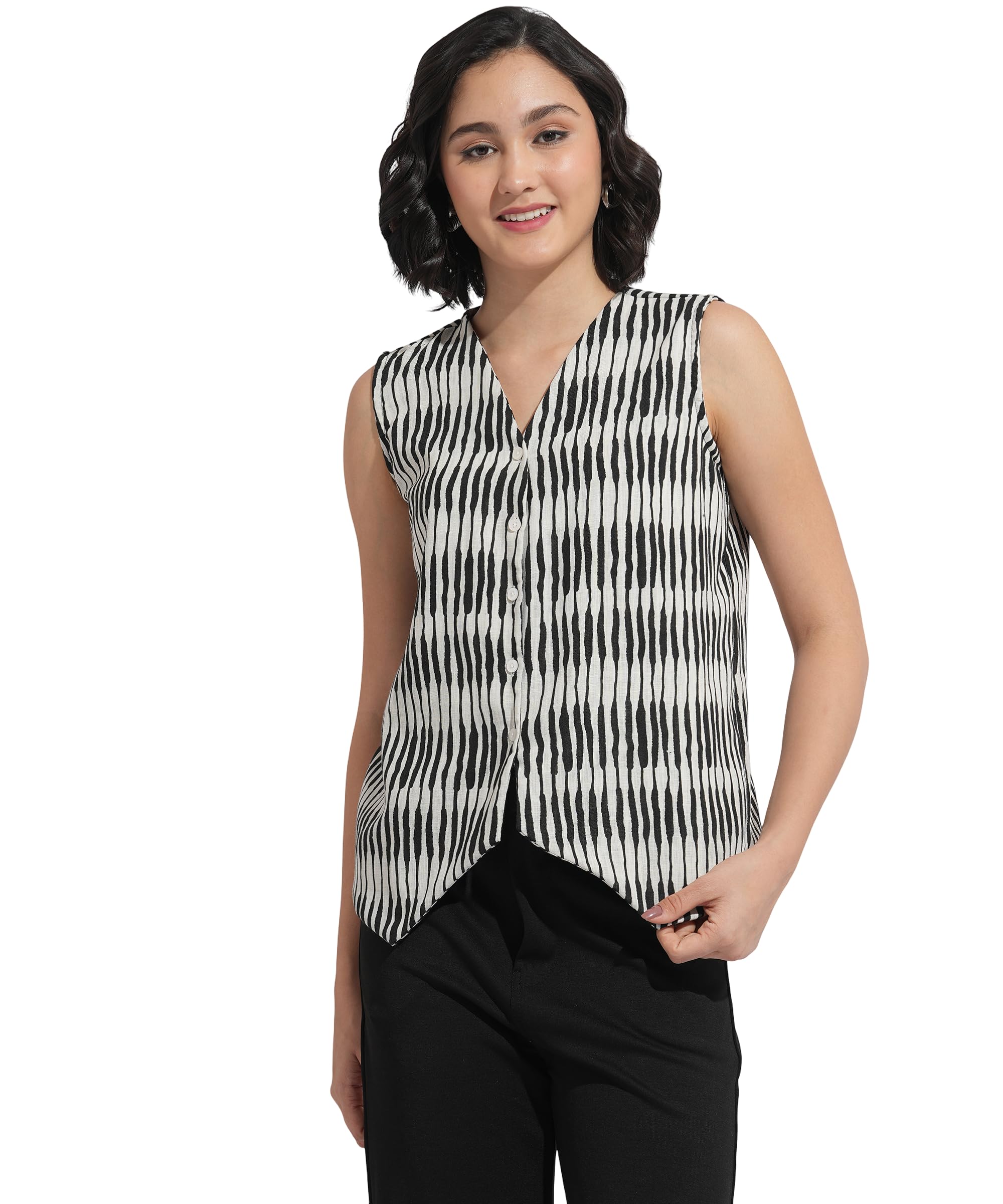 fashfun clothing Fashfun Women's Printed Linen Waistcoat (in, Alpha, XL, Regular, White & Black)-picture-22