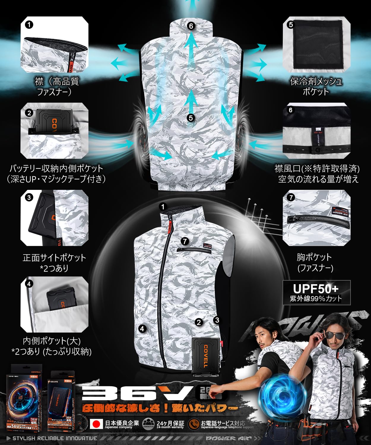 [COVELL] 【2026業界最強 36V超高出力 -18℃冷感】ファン付きベスト 空調冷風服 ファンバッテリーセット 2.8H超高速充電/ 29段階微調整/ 8~36V/ 日本製ブラシレス/ IP45防水/ 男女兼用/G.B.Z株式会社/ 24ヶ月保証 - 2