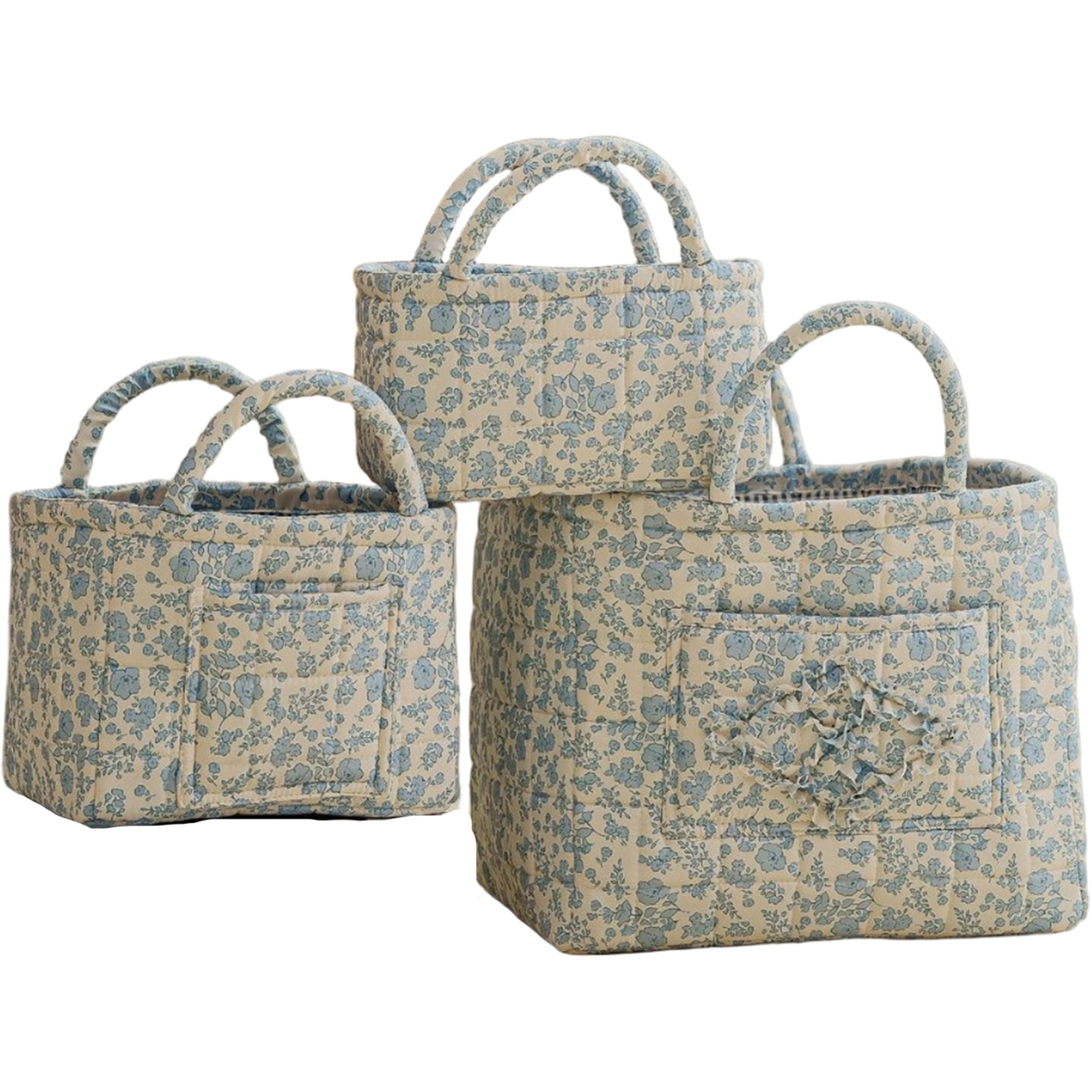 Tapallmy 3 Pack Quilted Storage Basket Floral Fabric Car Basket Collapsible Cute Storage Baskets with Handles for Home Car Organization