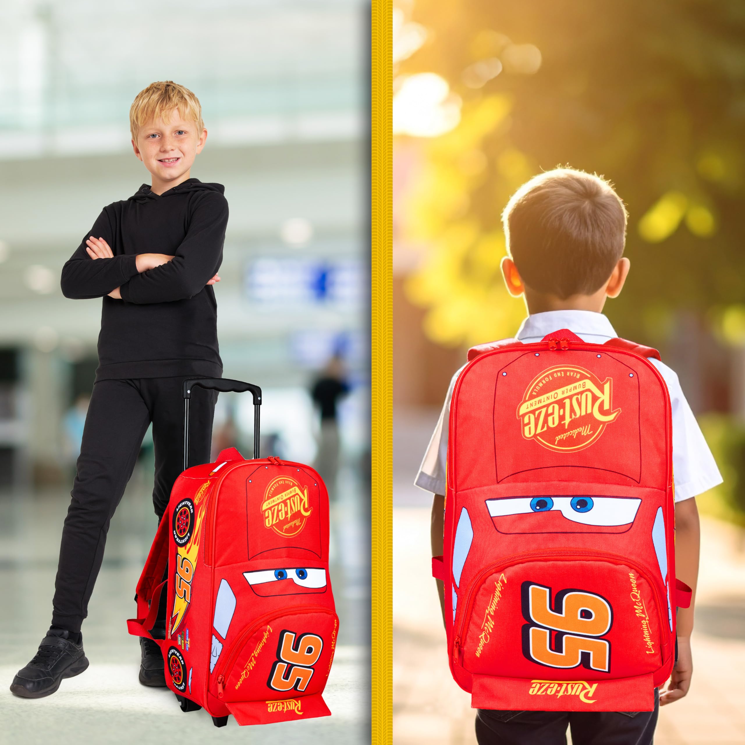 Disney Cars Flash Mcqueen Sac a Dos Roulette, 2 en 1 Sac à Dos et Trolley, Valise Cabine avec Fermeture Eclair, École, Sport ou Voyage, Cadeau Enfant (Rouge Lightning Mcqueen)