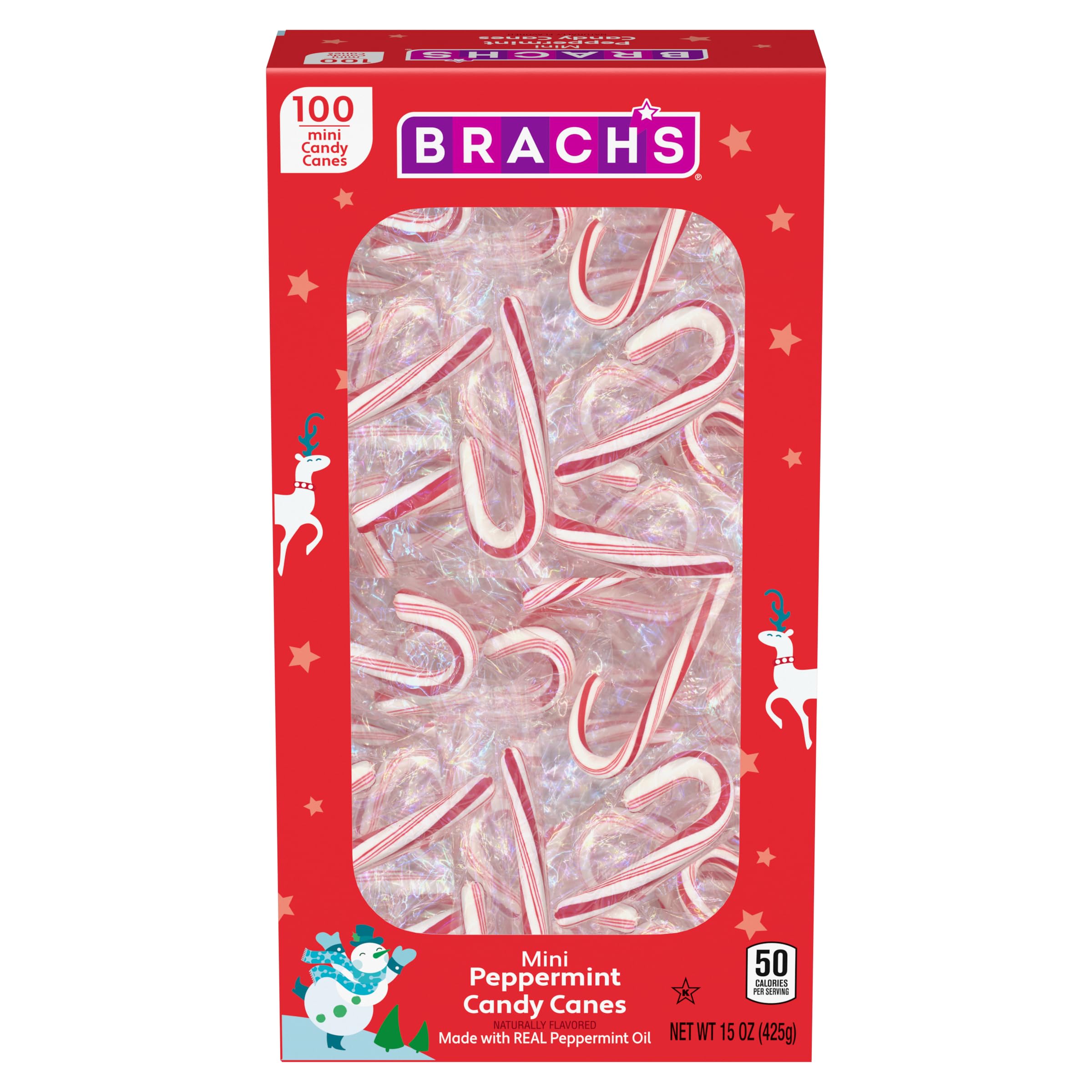Brach's Mini Peppermint Holiday Candy Canes, Christmas Stocking Stuffer Candy, 100ct Box Peppermint 100 Count