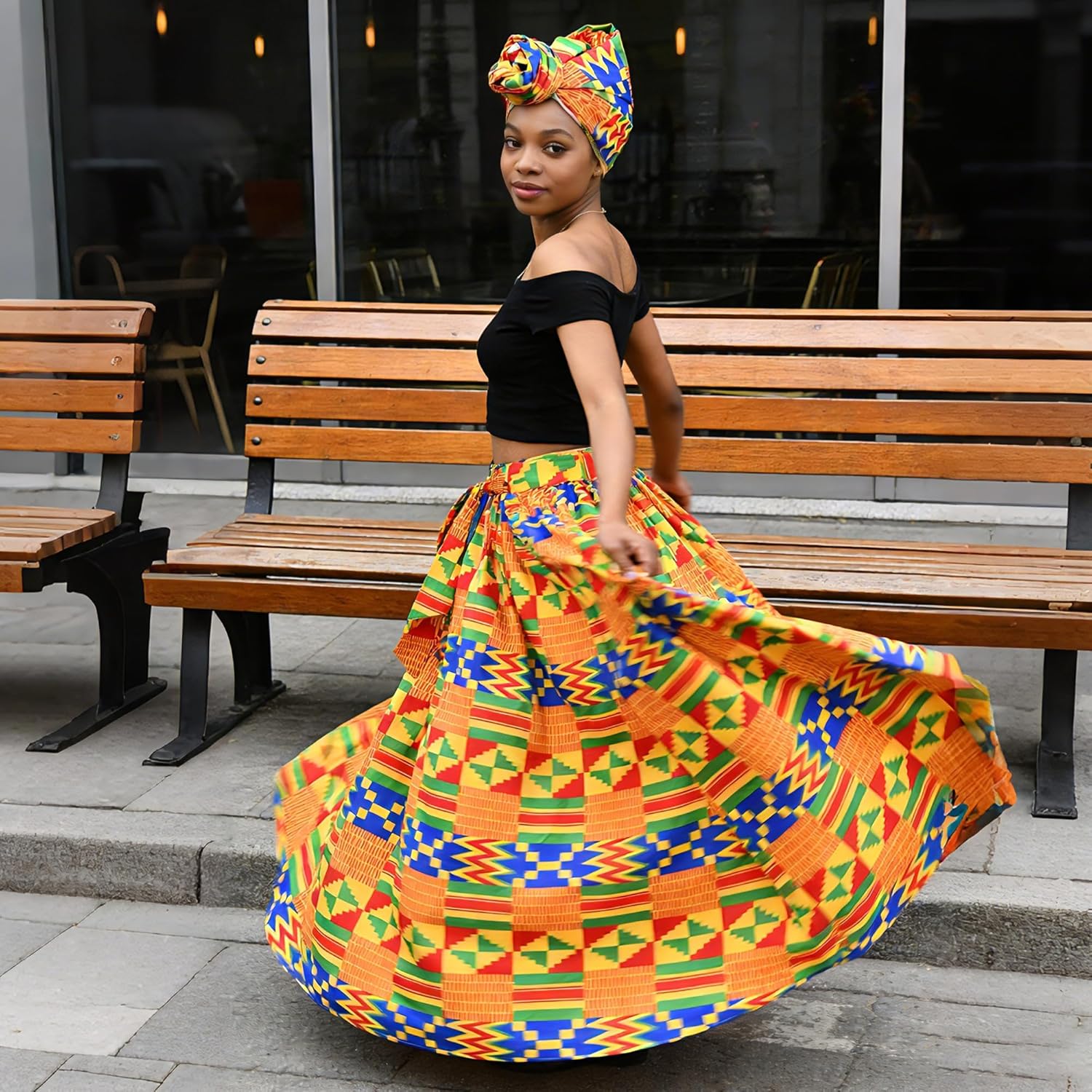 5 Pcs Women African Maxi Skirt Set Casual Printed Traditional Costume Head Scarf Drop Dangle Earrings Necklace Bead Bracelets - Image 3