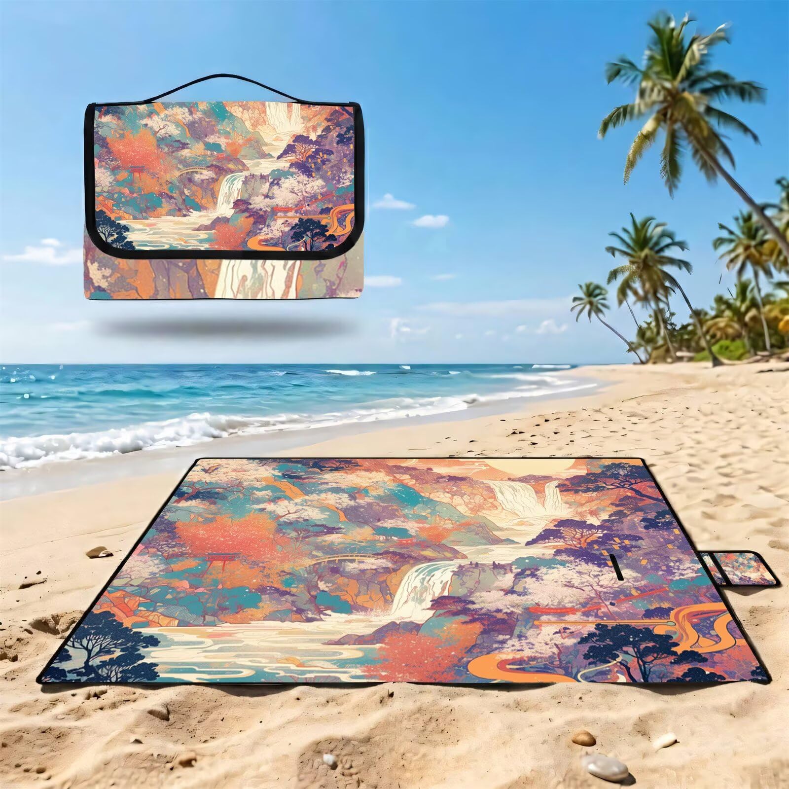 Manta de Picnic 150x200 cm, Japón Manta Picnic Impermeable, Retro (2) Esterilla de Playa Alfombra de Exterior, Picnic Blanket Plegable con Asa para Camping, Jardín, Césped, Playa, Senderismo UZ-292
