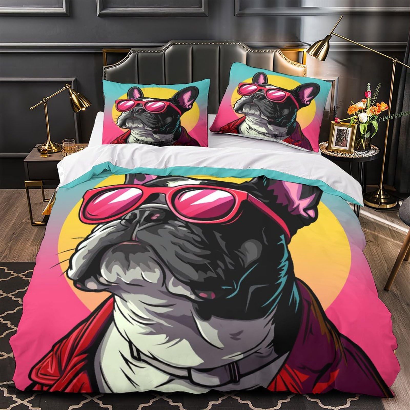 Stampato in 3D Bulldog francese Copertina Stampata Microfibra Disegnata Biancheria Da Letto Ipoallergenico Con 2 Federe,Double（200x200cm）, Per Adolescenti E Adulti