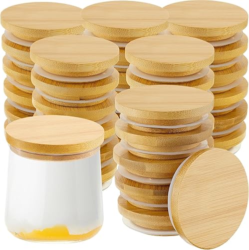 Miniatura 9 de Sawysine Juego de tapas para tarros de yogur, reutilizables, de madera de bambú, redondas, con anillos de sellado de silicona, compatibles con
