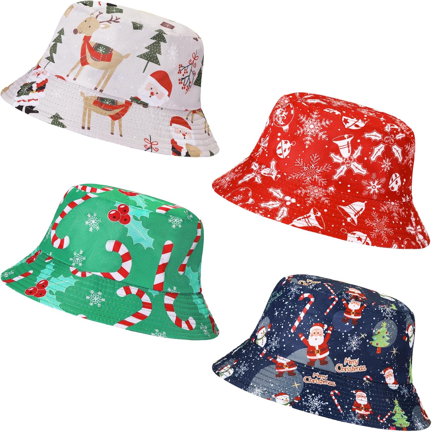 Blosssound 4 pcs Christmas Bucket Hat for Women Men Funny Fishing Hat Beach Cute Fisherman Cap Holiday Party Outdoor