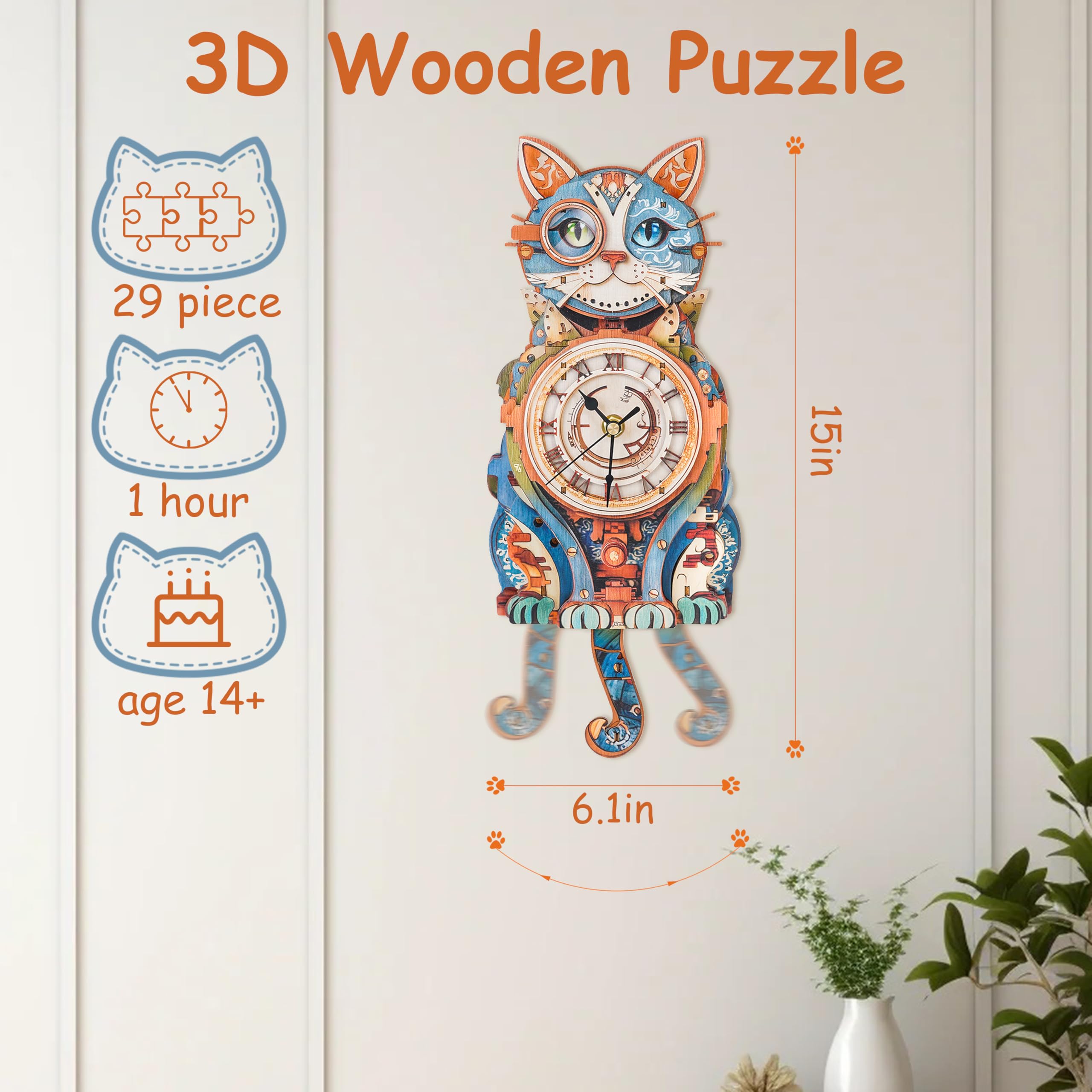 Puzzle in legno 3D per adulti Modello Kit Detective Cat Clock, Kit di costruzione di modelli meccanici Hobby fai da te per donne uomini, orologio da parete vintage puzzle amante dei gatti regali per