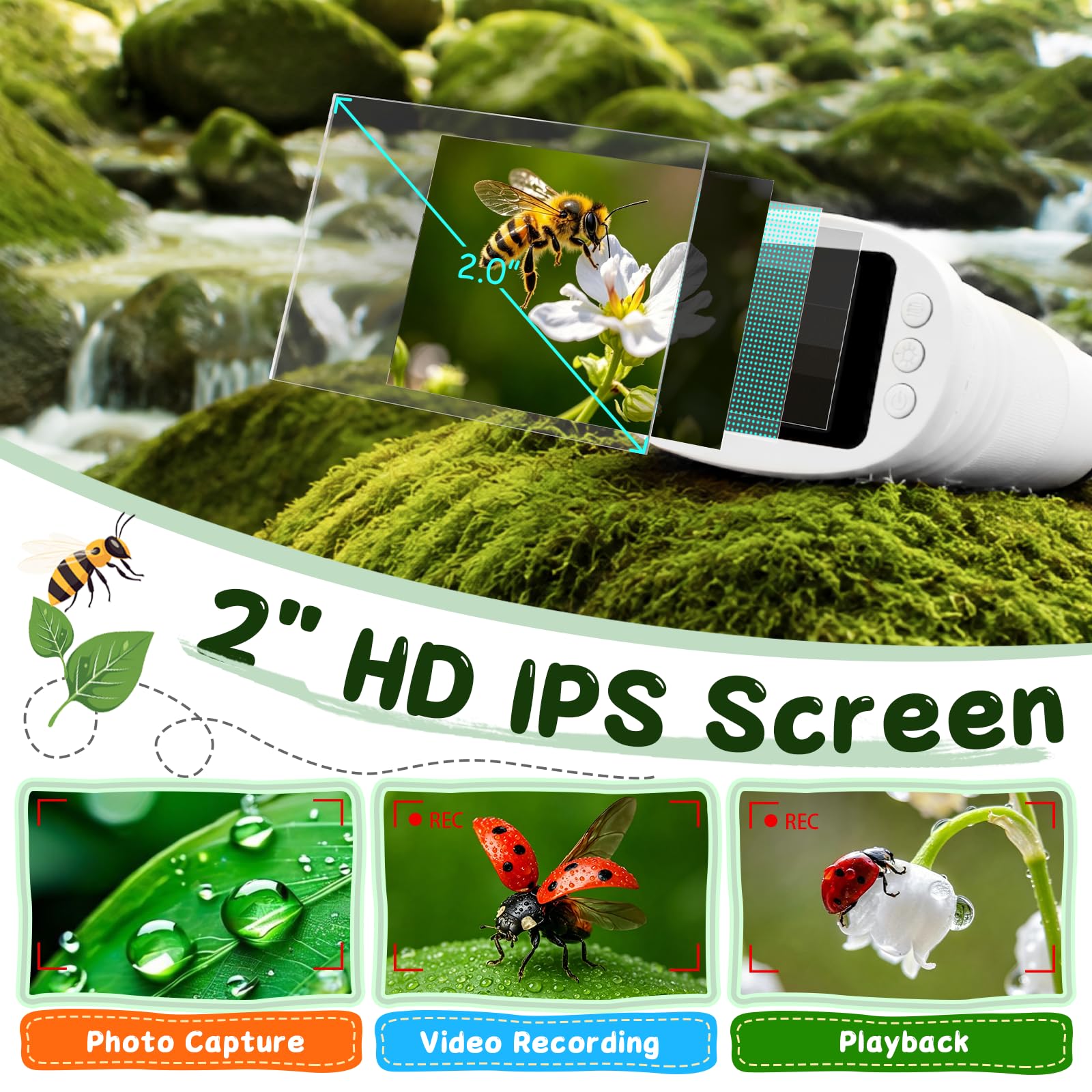 Microscope Enfant Portable 1000X – Microscope Numérique avec Écran IPS 2 Pouces et 8 LED, Fonction Photo & Vidéo, Jouet Scientifique Cadeau pour Garçons et Filles (Blanc)