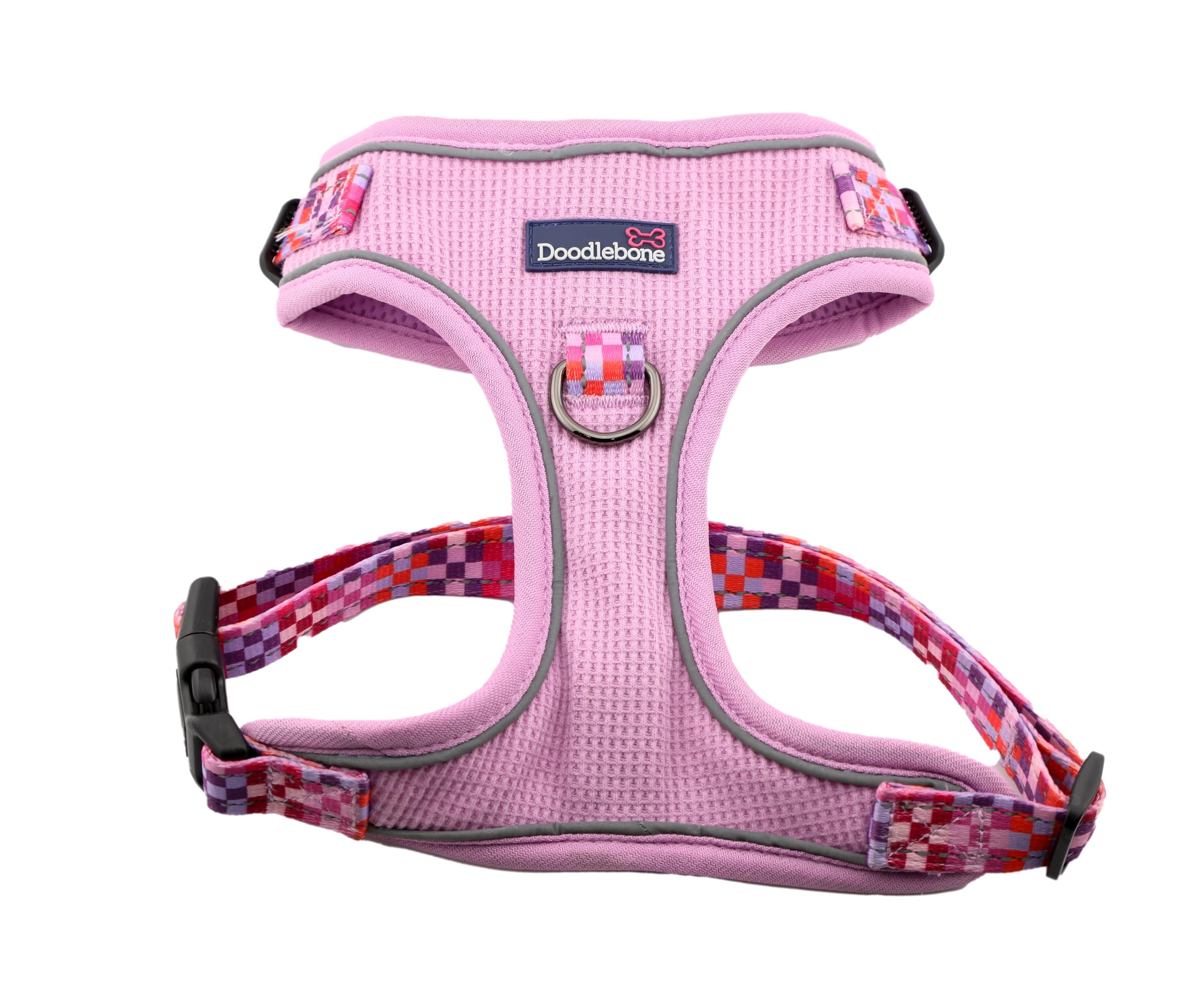 Doodlebone - Stomp Adjustable Dog Harness - Easy On Easy Off Reflective Dog Harness, Machine Washable Harness, Fully Adjustable at Neck and Chest for all breeds. (Blush Checkmate, 2-3)