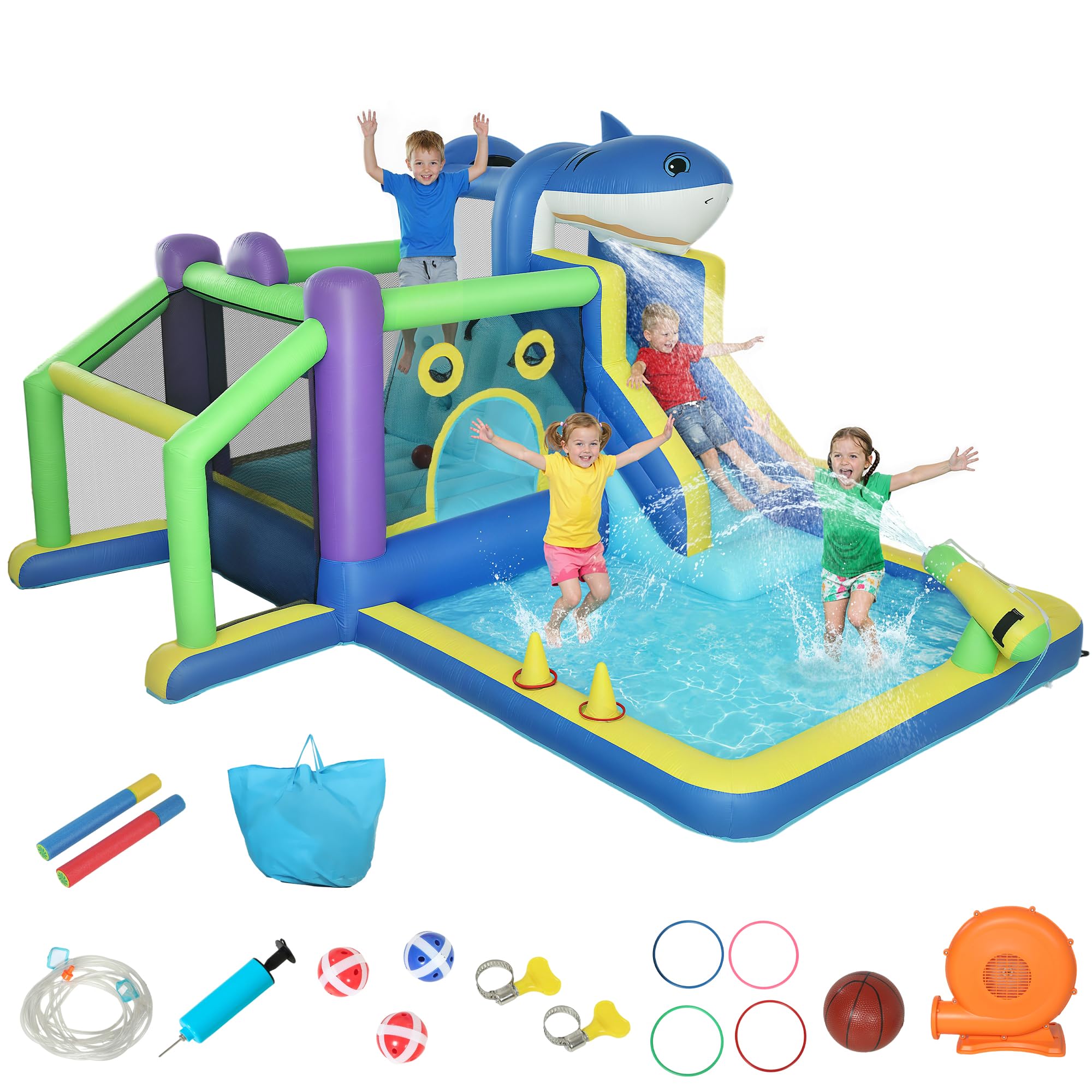 AIYAPLAY Château Gonflable 8 en 1 avec Ventilateur - Parc Aquatique Gonflable Motif Requin - Toboggan Sec/Eau - Piscine Pataugeoire - Trampoline - Mur d'Escalade - Panier Basket-Ball