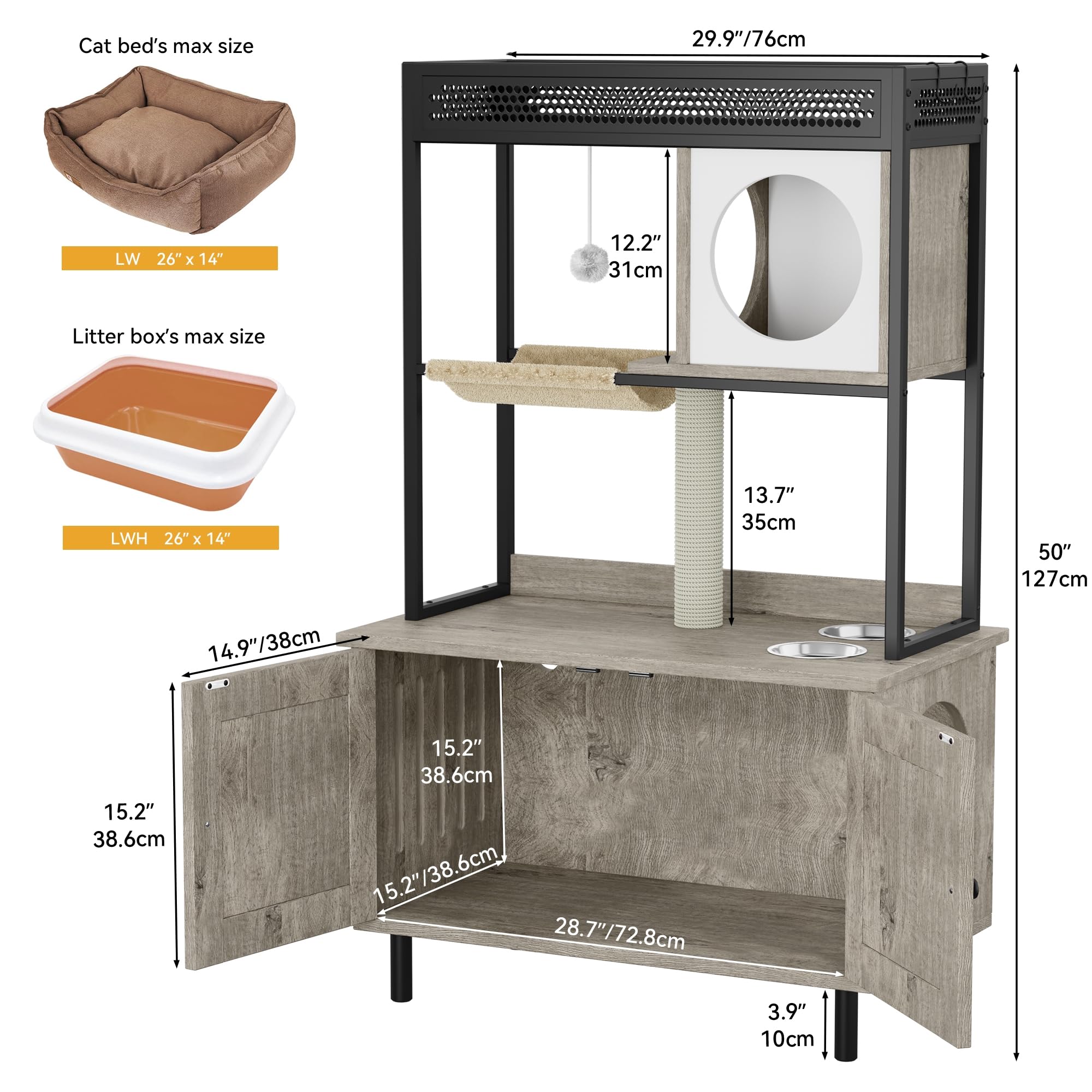 YITAHOME Cat Litter Box Enclosure with Shelves and Charging Station, Large Hidden Wooden Cabinet with Scratch Post, Feeding Station, and House Condo, Brown - image 6