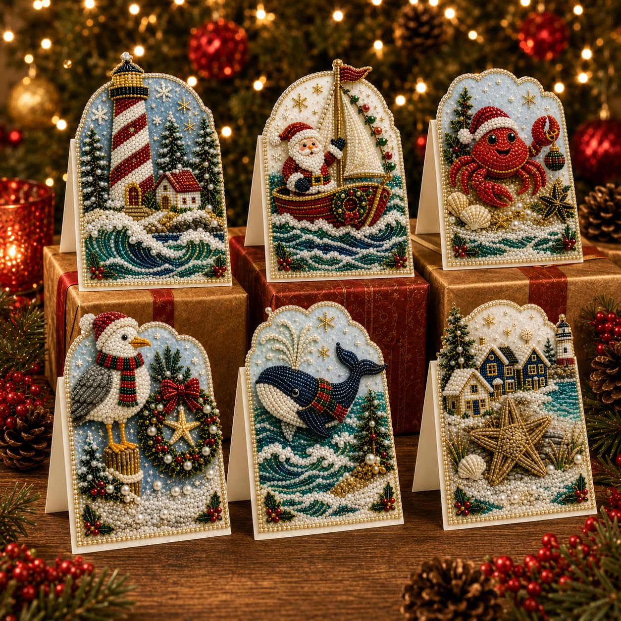 6pcs DIY Pearl Diamond Art Painting Christmas Greeting Cards with Envelopes
