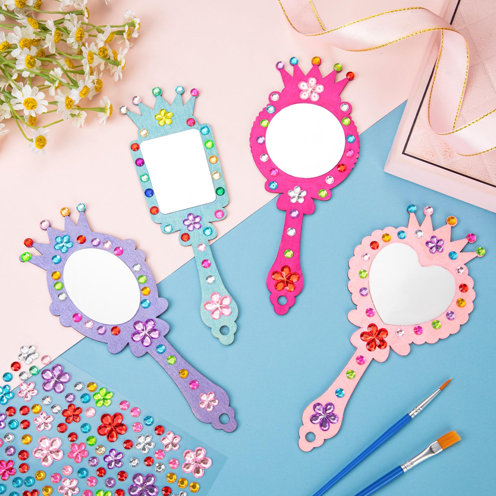 XJWWHZ 12 Pack Wooden Mirror Craft for Kids, DIY Princess Mirrors for Girls, Paint Wooden Hand Mirror for Art Activities