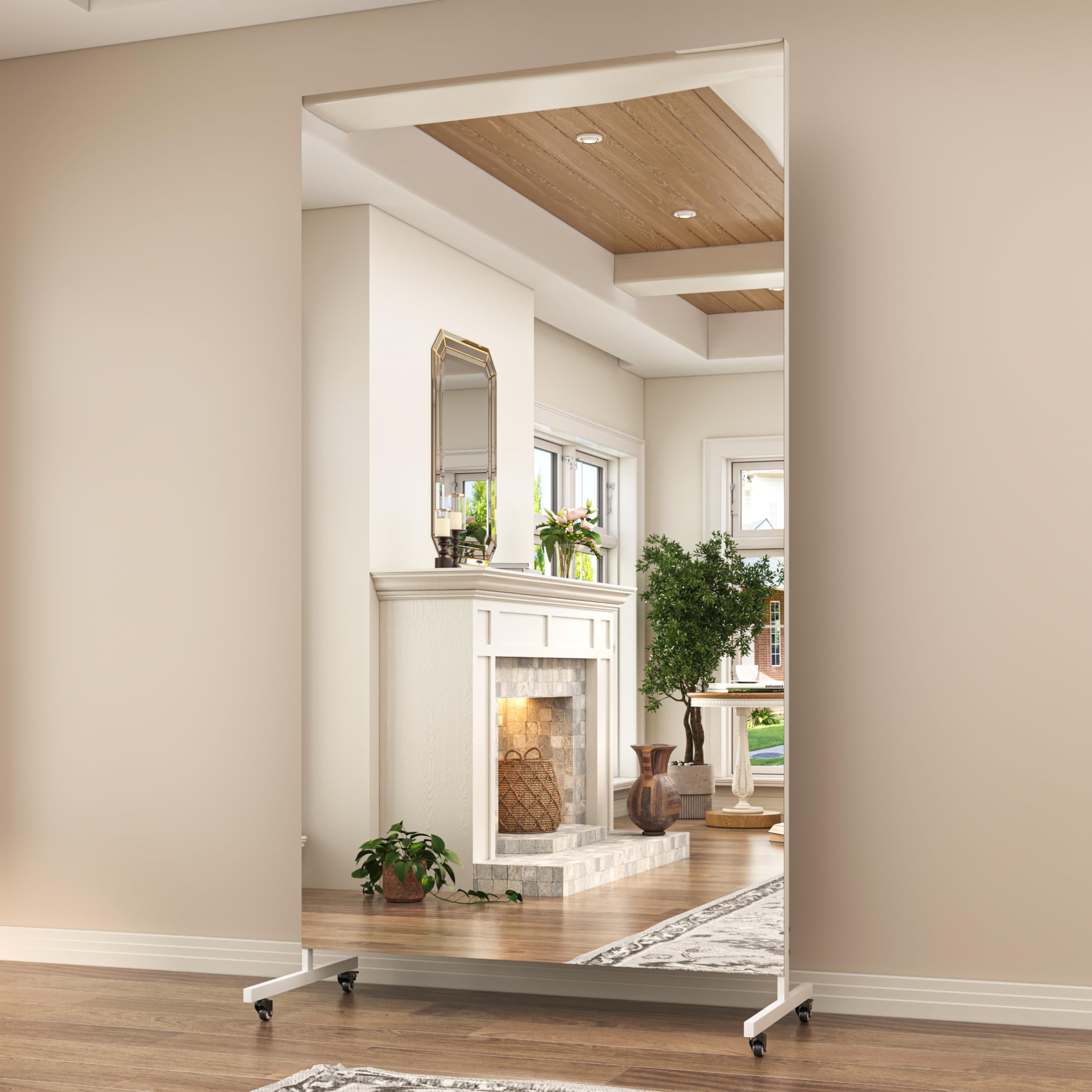 Hasipu Home Gym Mirrors 360° Swivel on Wheels,190 x 90cm Extra Large Full Body Rolling Mirror, Tempered Glass Easy to Move Full Length Mirror for Yoga Studio, Bedroom, Dancing Studio, White