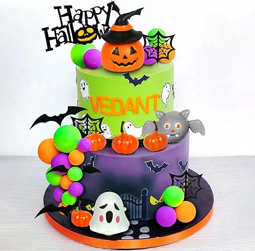 Miniatura 1 de Decoración 3D para pasteles de Halloween, calabaza, murciélago, fantasma, decoración de pastel verde, naranja, morado, adornos para pasteles para