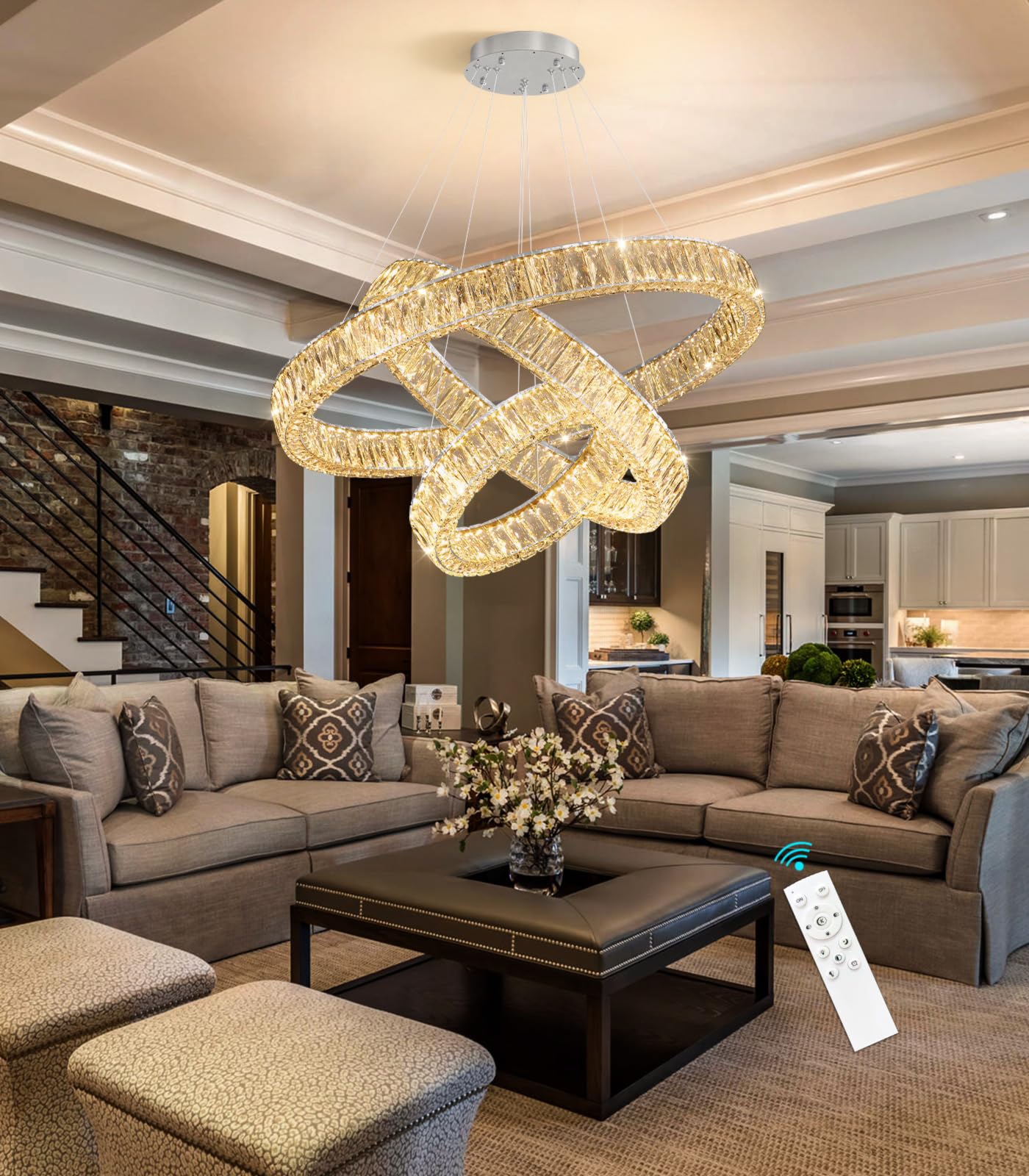 HAIXIANG Modern Glam Chandelier Crystal LED Remote Rings