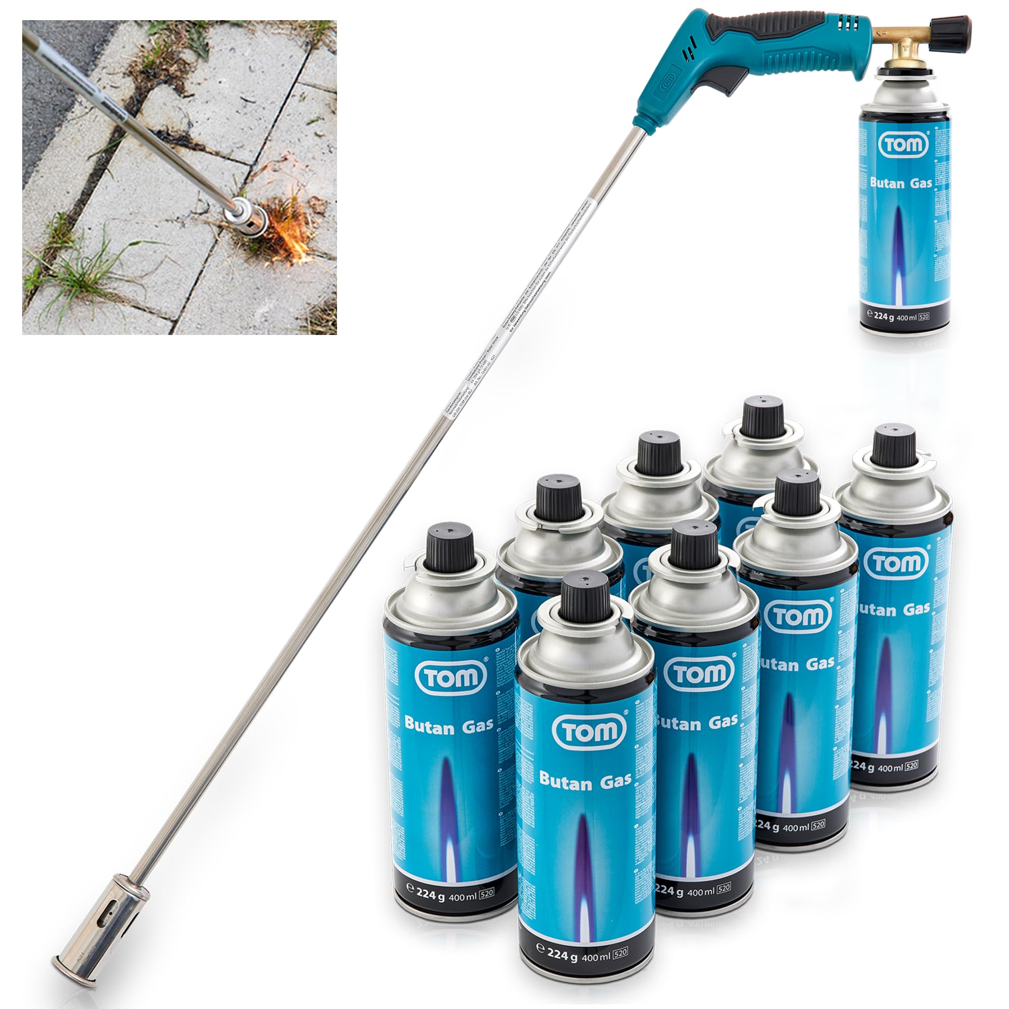 TOM Gas Unkrautbrenner Set + 8 x 400 ml Universal Gasflasche mit Schraubgewinde – Abflämmgerät ideal zur Unkrautvernichtung auf Pflastersteinen, Gehwege, Pflasterfugen