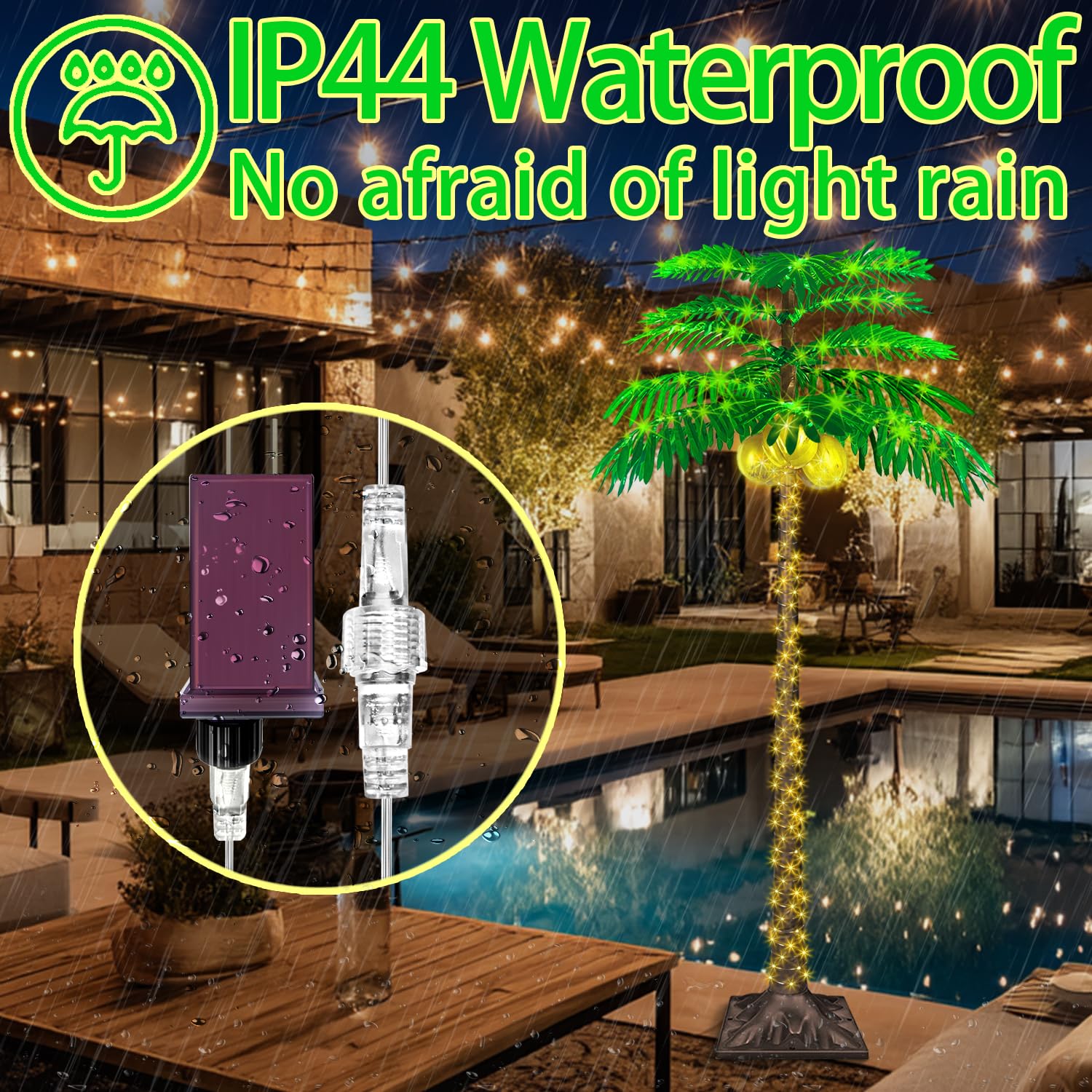 Palma a LED da 1,8 m con 421 luci, palma illuminata per patio esterno, fornita con 3 noci di cocco incandescenti, dimmerabile, 8 modalità lampeggianti e timer.